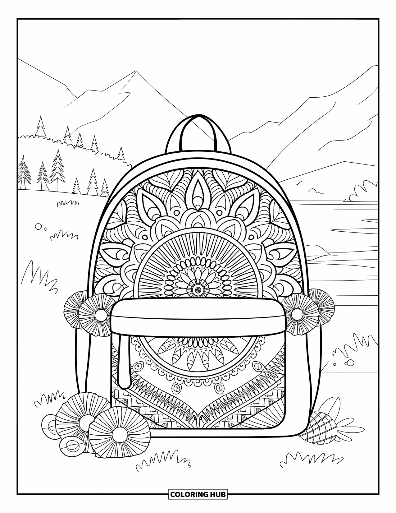 Backpack Coloring Page for Adults: Mandala backpack rests on the ground with flowers and a mountain view
