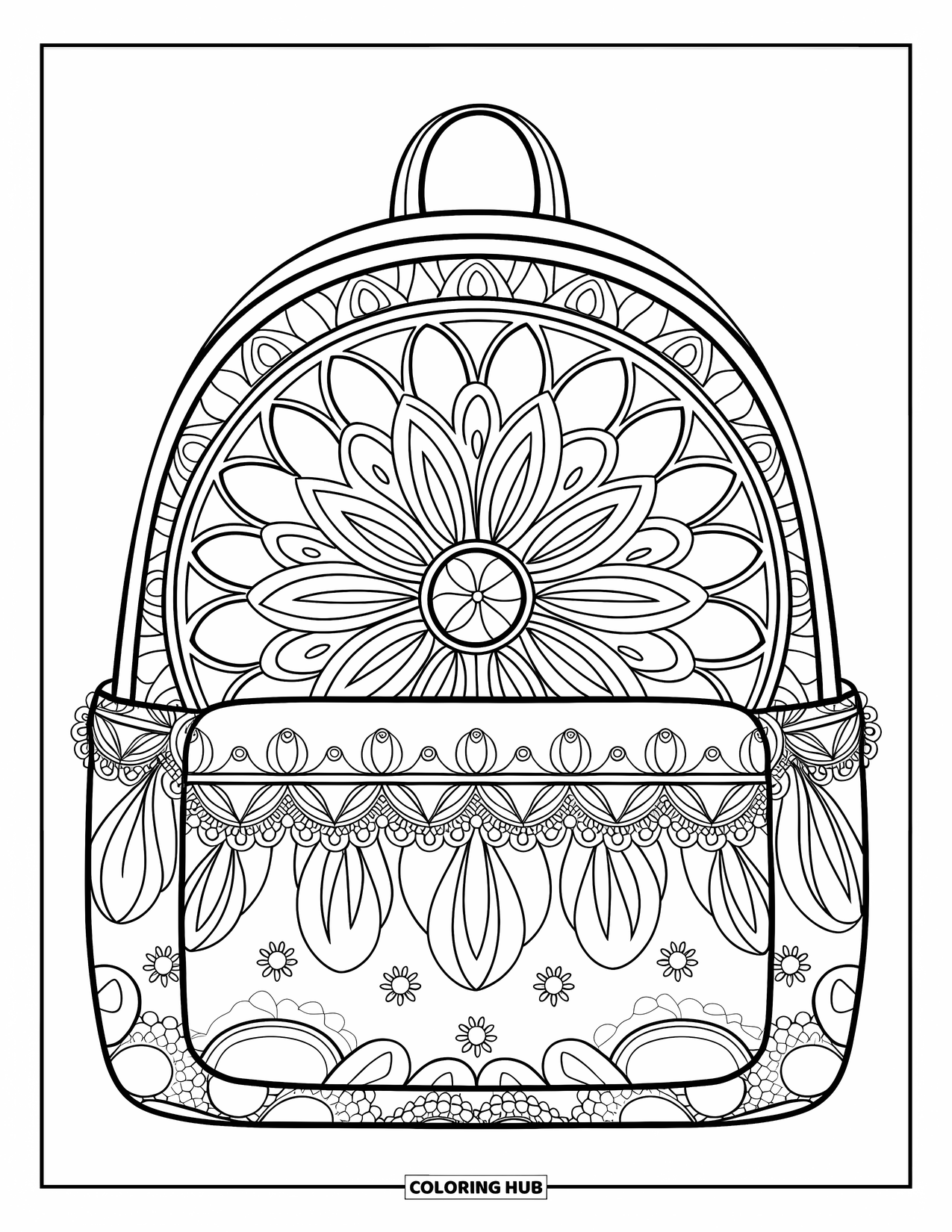 Backpack Coloring Page for Adults: Mandala backpack with floral trim outlined in a clean, bold style