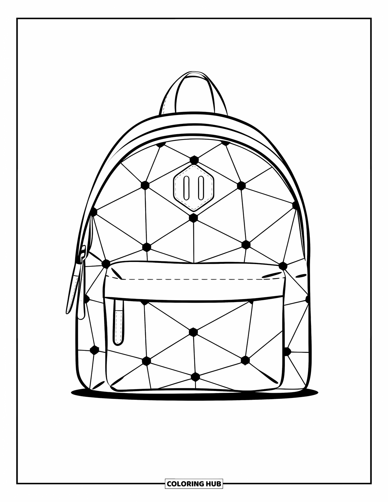 Backpack Coloring Page for Adults: Modern backpack with geometric compartments stands out against a plain background