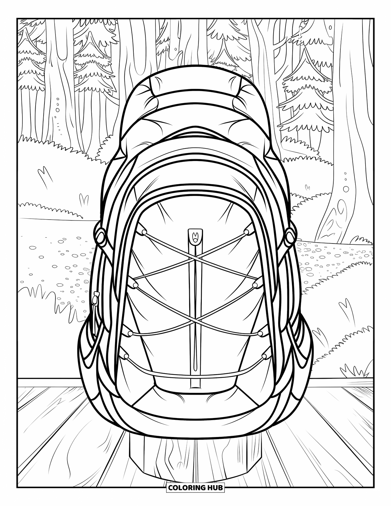 Backpack Coloring Page for Adults: Ornate hiking backpack on a wooden stand in a peaceful forest setting