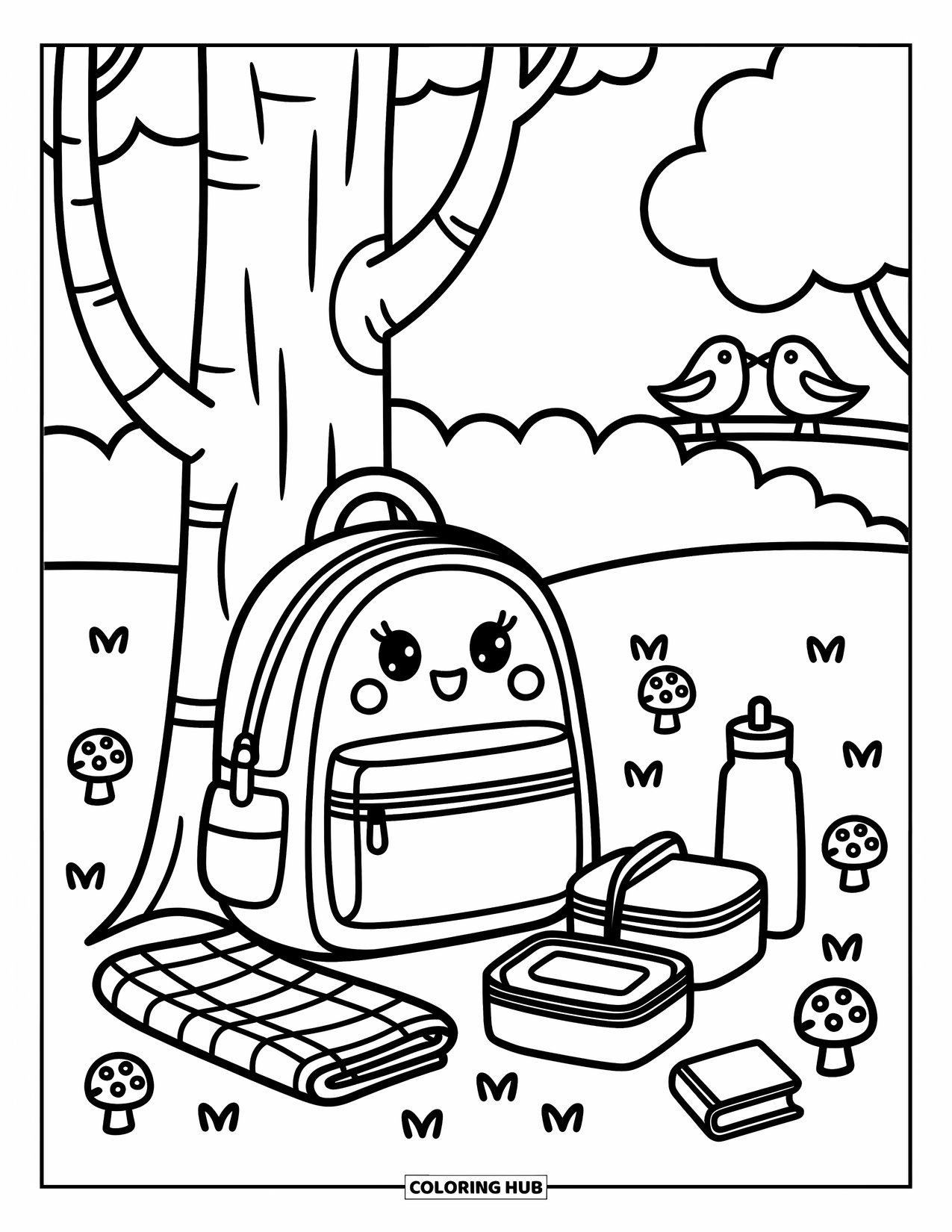 Backpack Coloring Page for Adults: Peaceful park scene with a backpack, lunch, and birds resting in the trees
