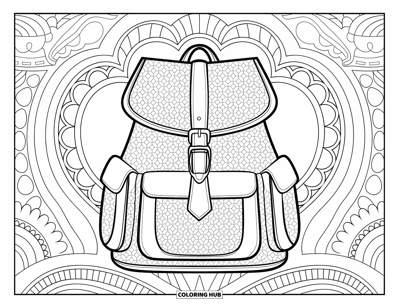 Backpack Coloring Page for Adults: Vintage backpack silhouette filled with detailed patterns for relaxing coloring