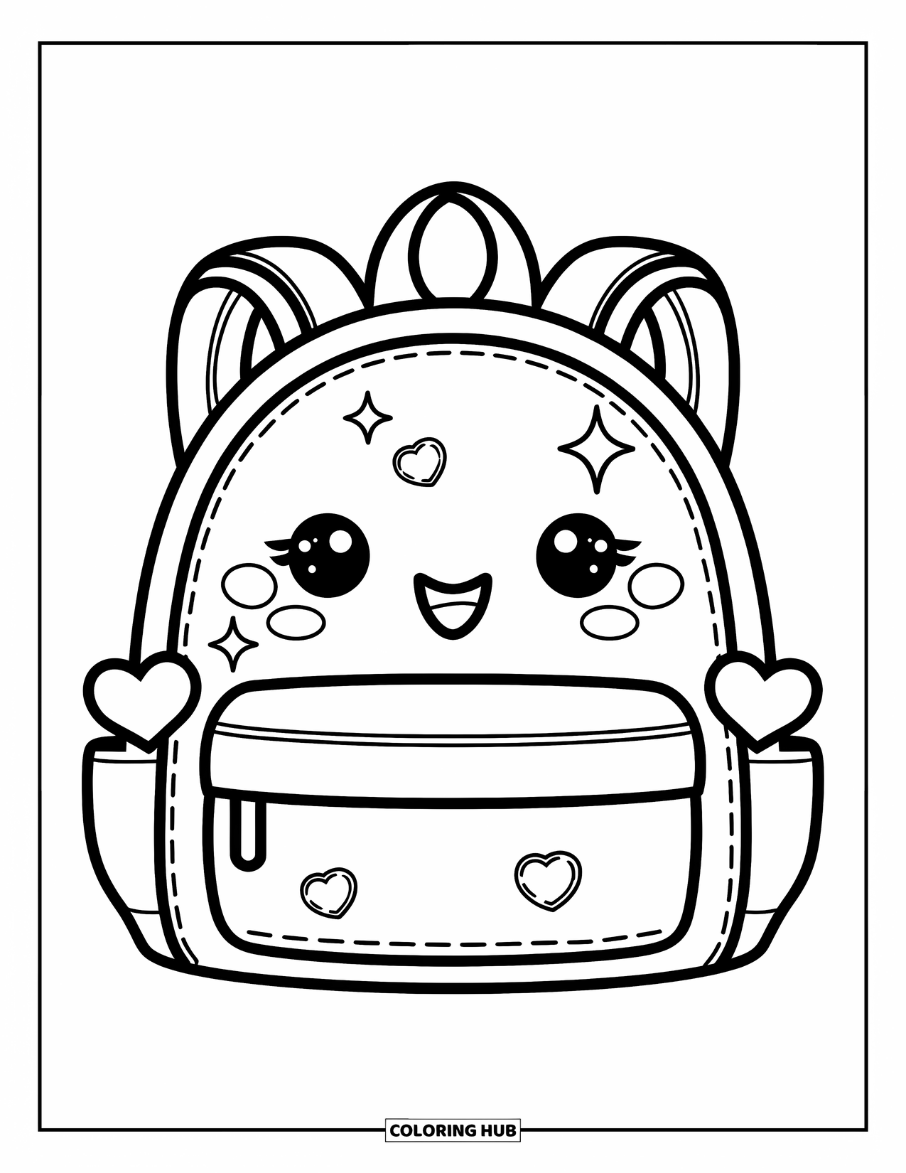 Backpack Coloring Page for Kids: Backpack with hearts, stars, and stitched details on a clean page