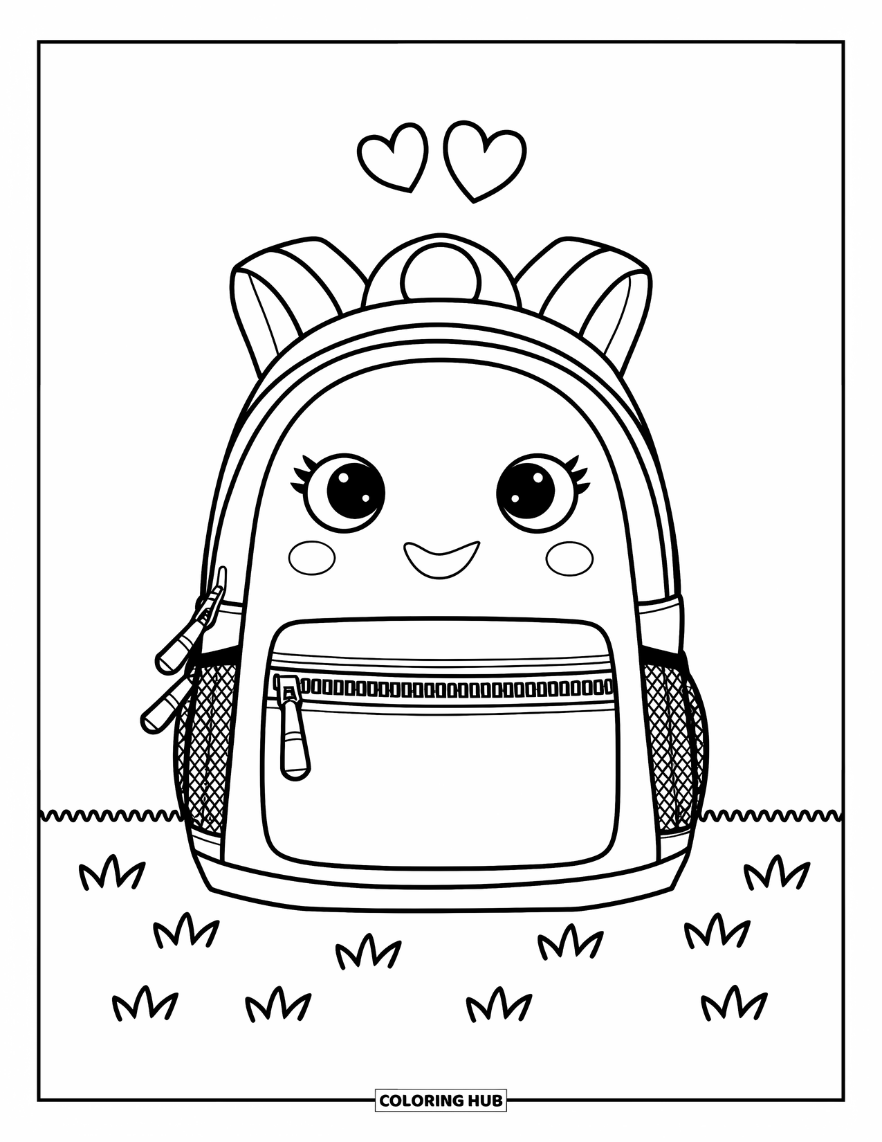 Backpack Coloring Page for Kids: Backpack with mesh pockets and zipper sits on grass with hearts above