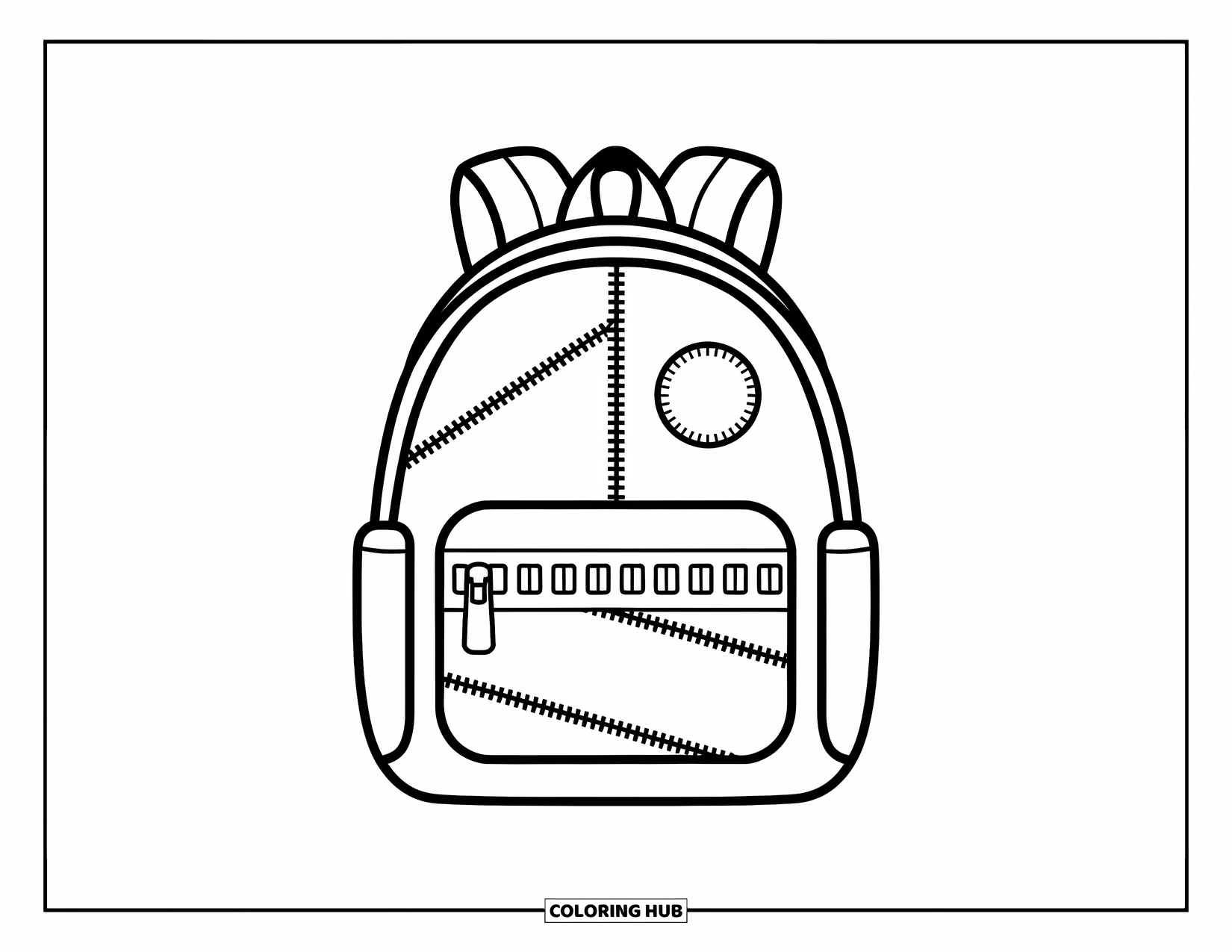 Backpack Coloring Page for Kids: Backpack with patches and zippers designed for grade school fun