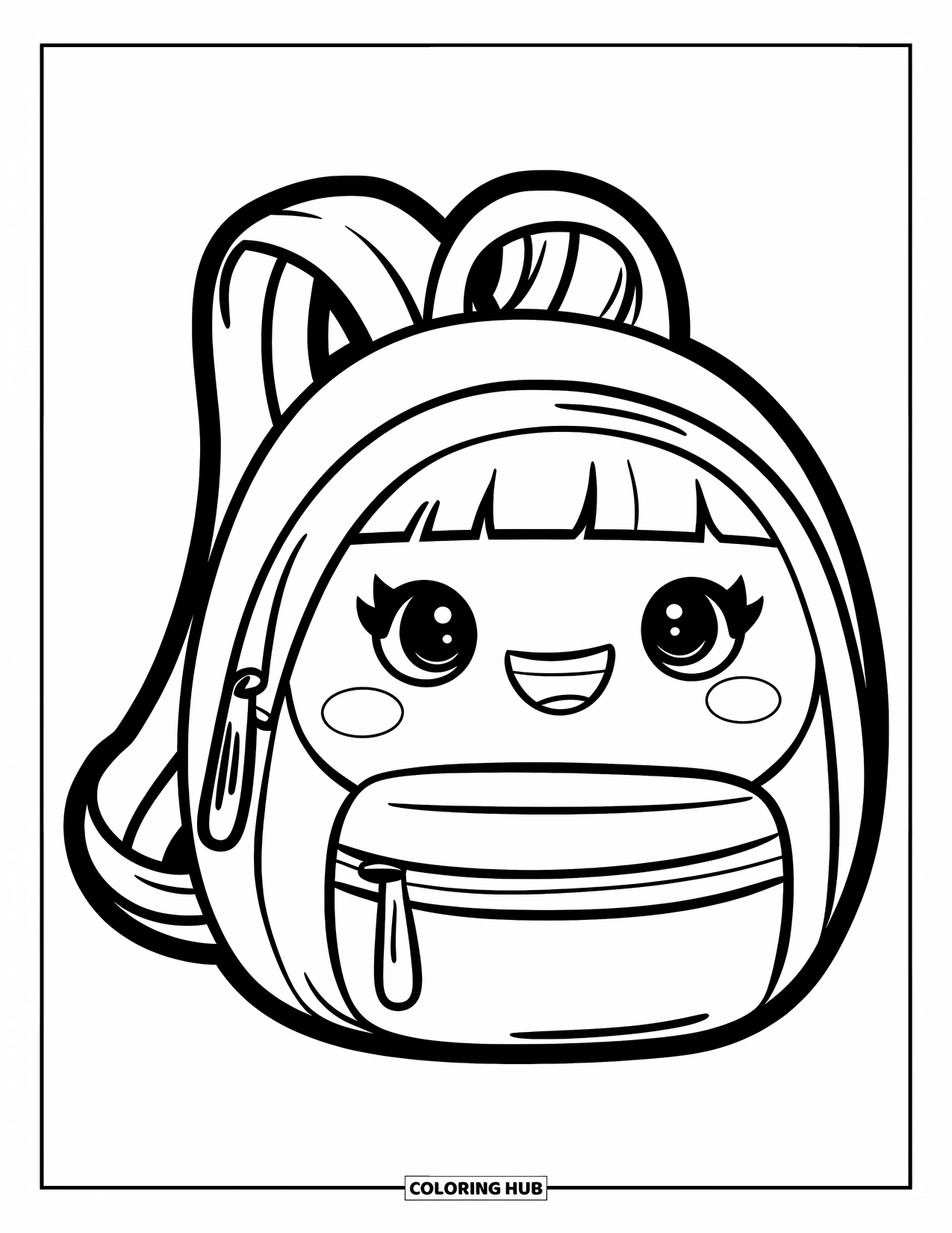 Backpack Coloring Page for Kids: Backpack with round shape and flap held by a happy character