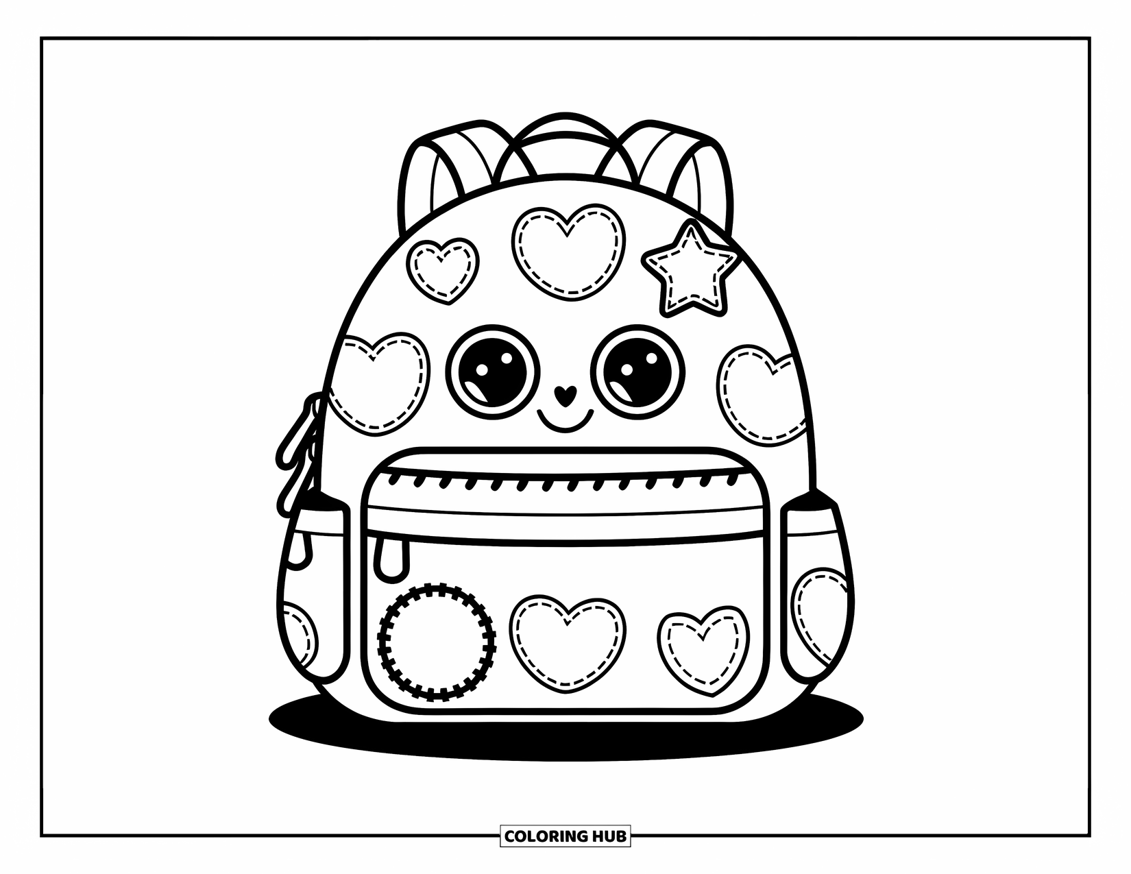 Backpack Coloring Page for Kids: Cute backpack with stars, hearts, and thick ribbon base