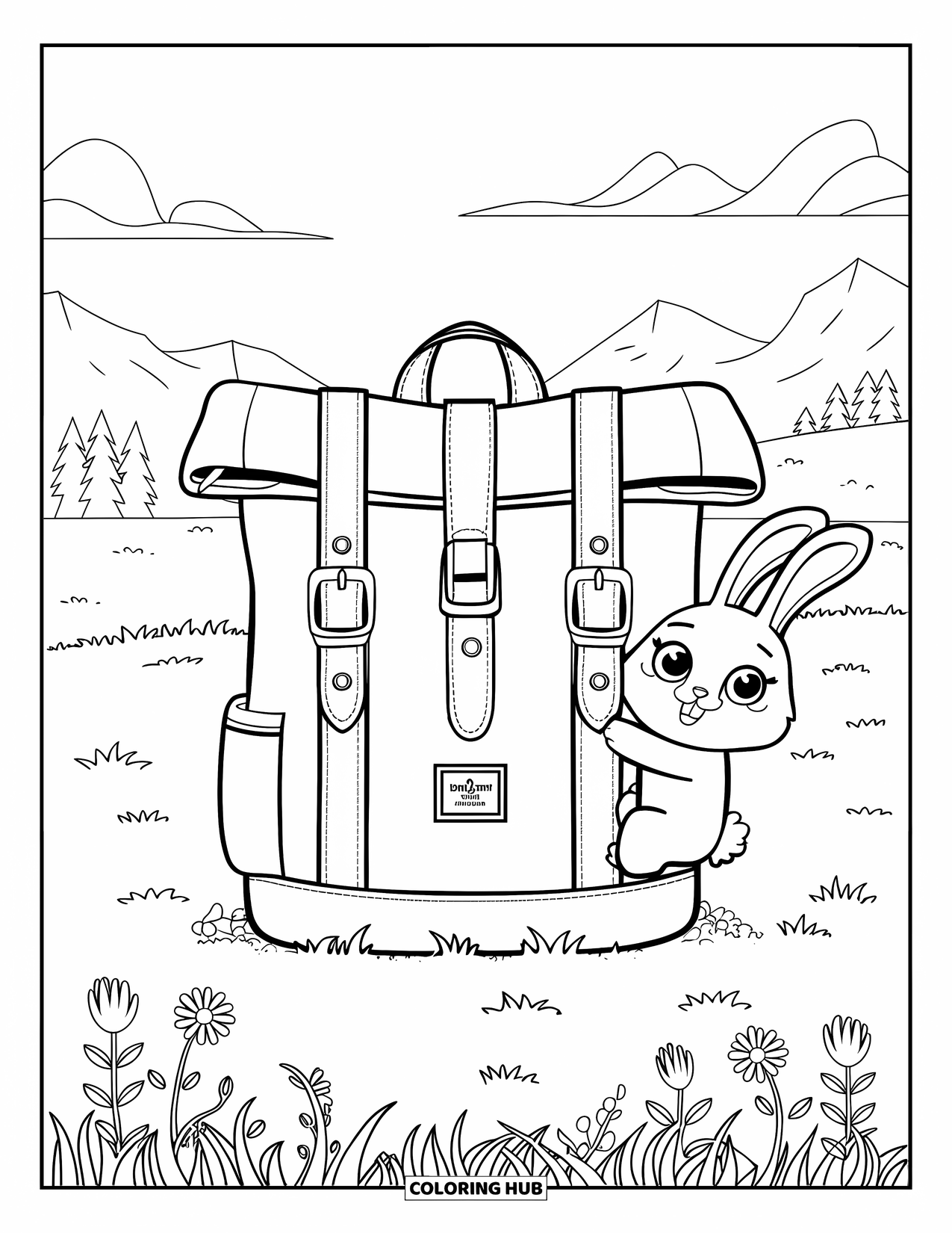 Backpack Coloring Page for Kids: Cute rabbit hugs a roll-top backpack in a field of flowers