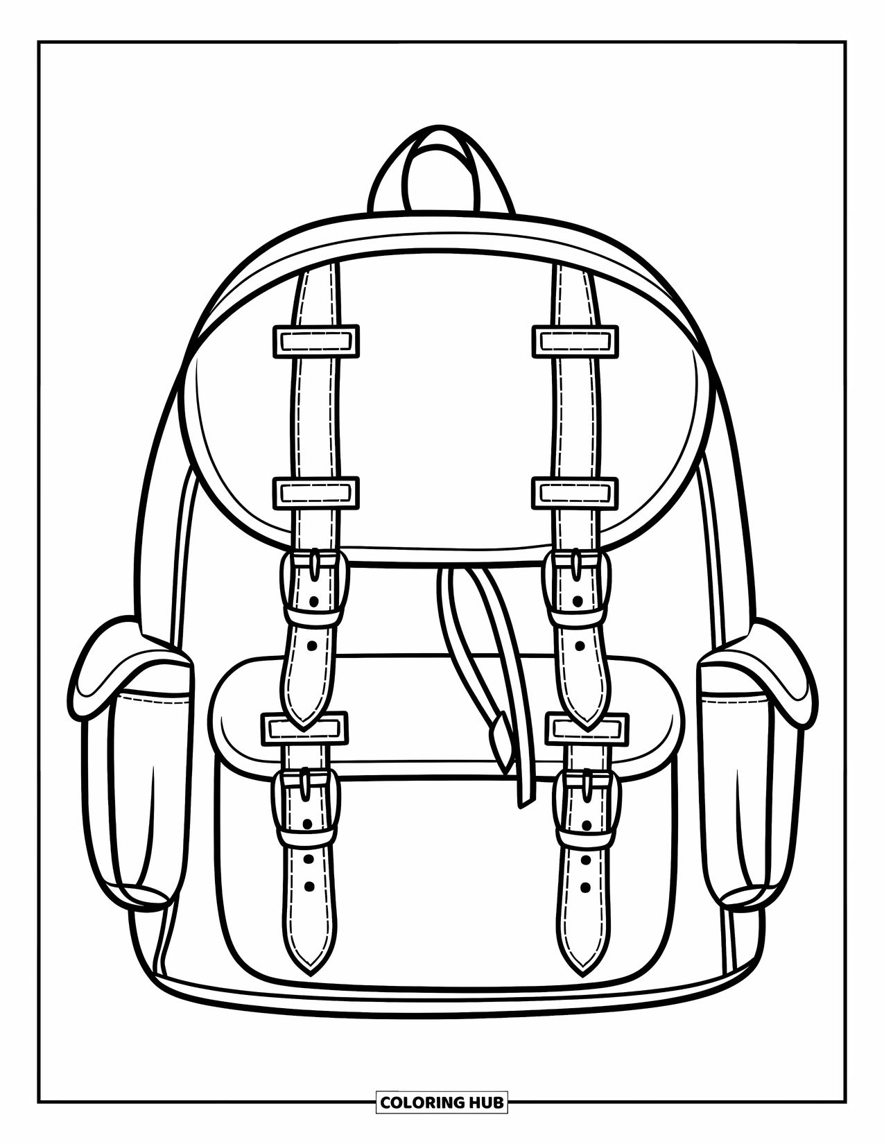 Backpack Coloring Page for Kids: Detailed backpack with rounded pockets and clips in a bold outline
