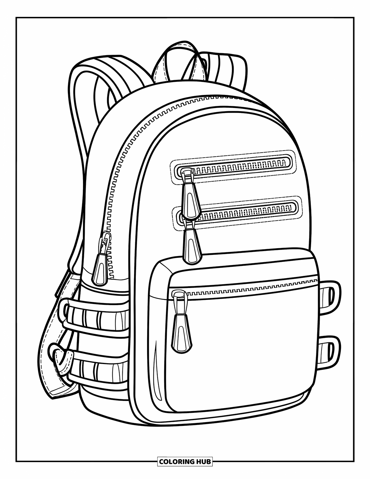 Backpack Coloring Page for Kids: Hiking backpack with bold features and simple lines for easy coloring