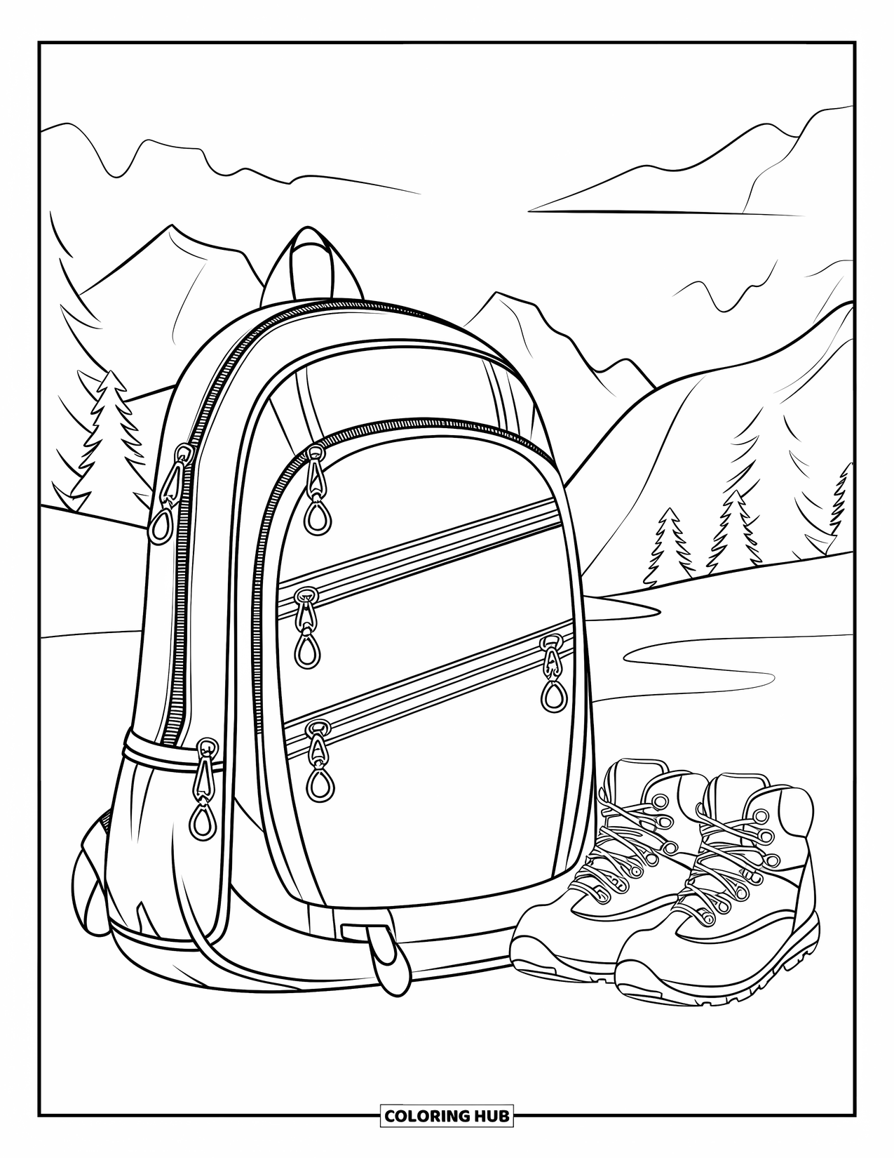 Backpack Coloring Page for Kids: Hiking backpack with boots, zippers, and clips near trees and sky