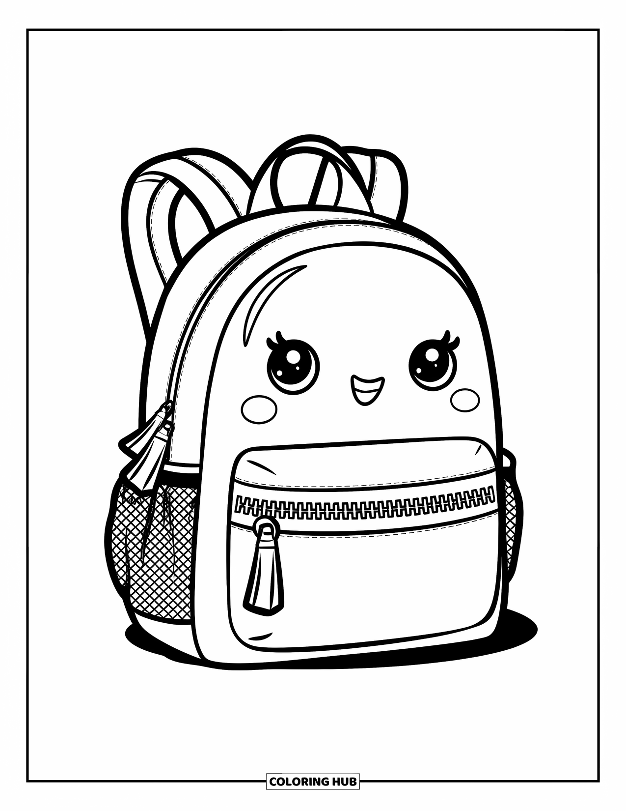 Backpack Coloring Page for Kids: Kawaii backpack with zippers and mesh pockets drawn in bold outlines