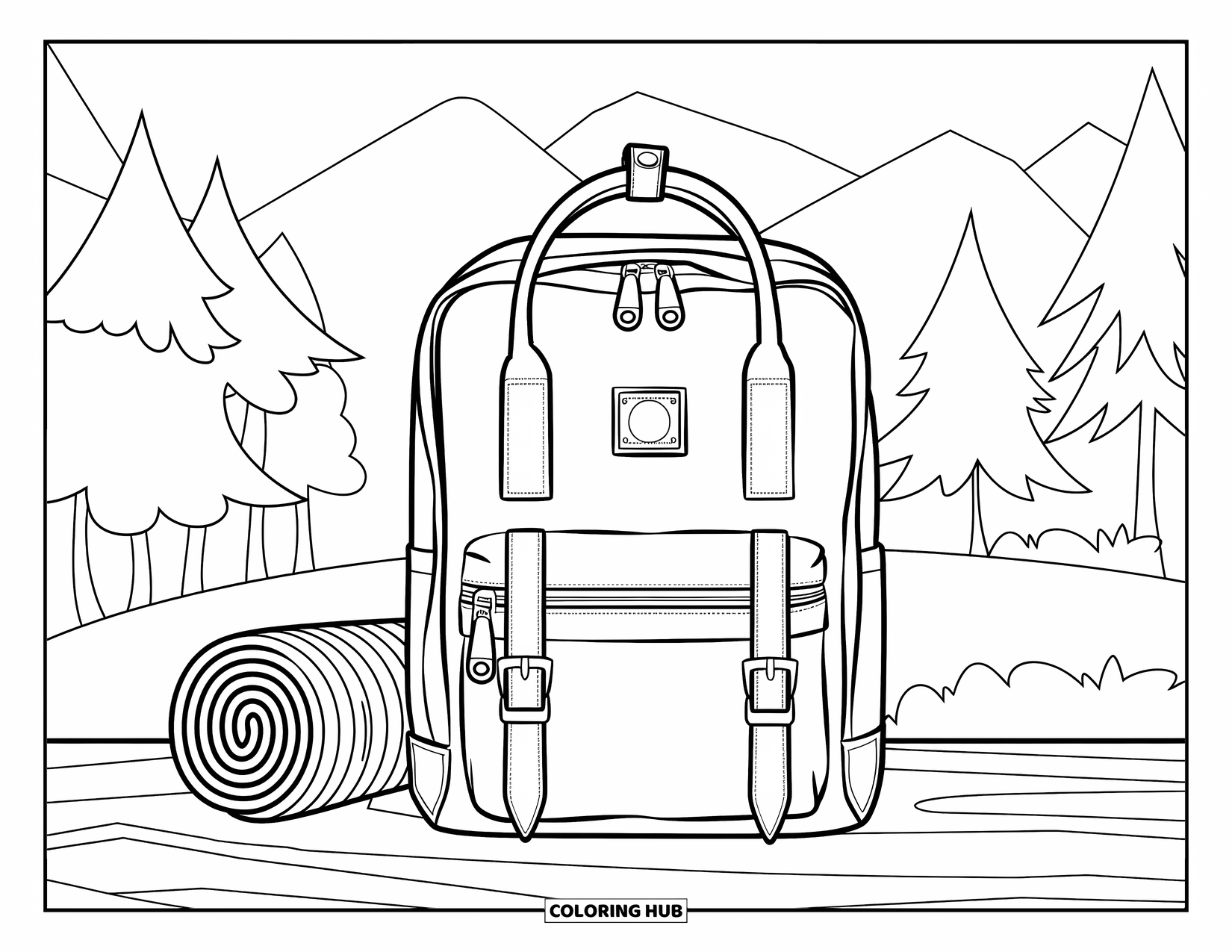 Backpack Coloring Page for Kids: Medium backpack sits by a rolled sleeping bag near peaceful mountains