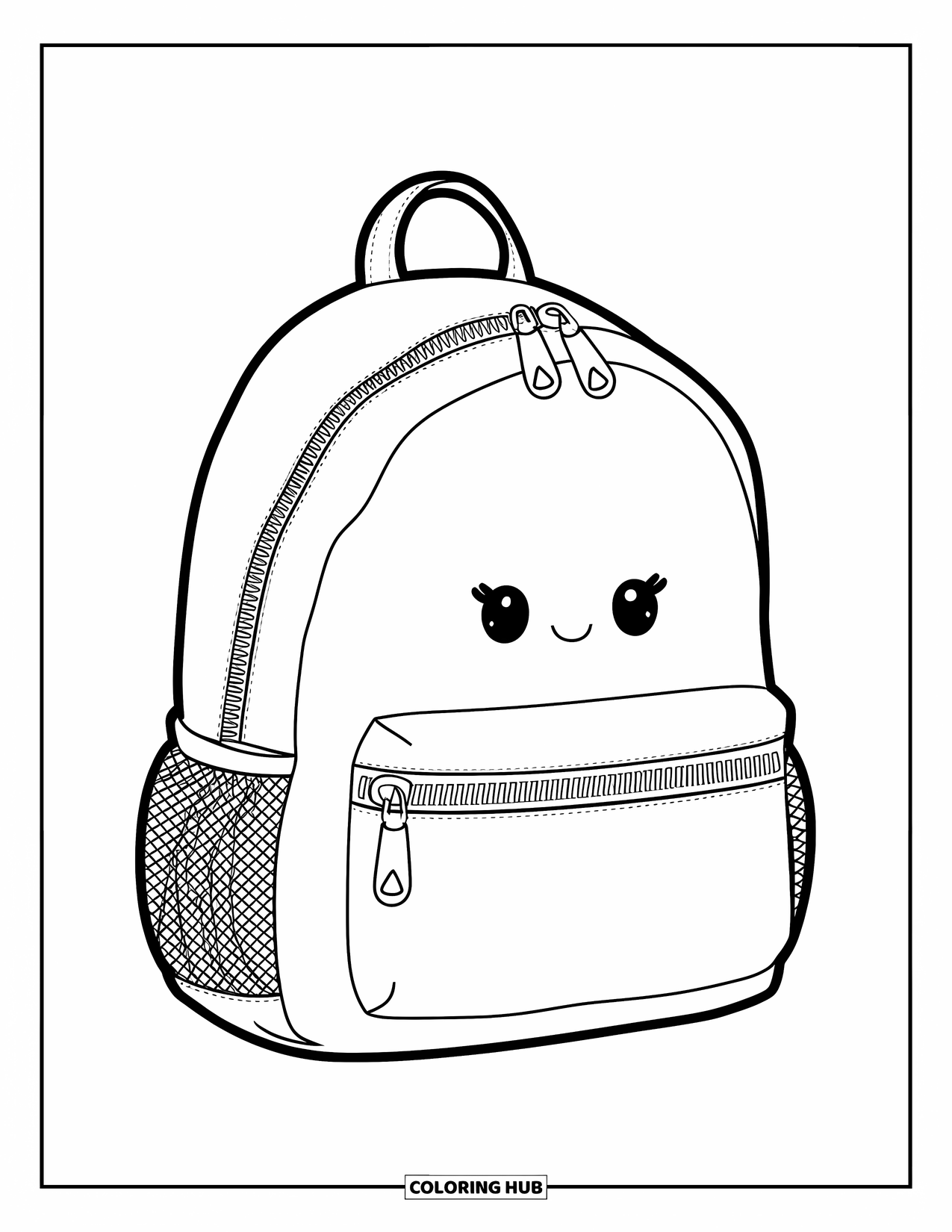 Backpack Coloring Page for Kids: Medium backpack with detailed pockets and mesh sides sits on the ground