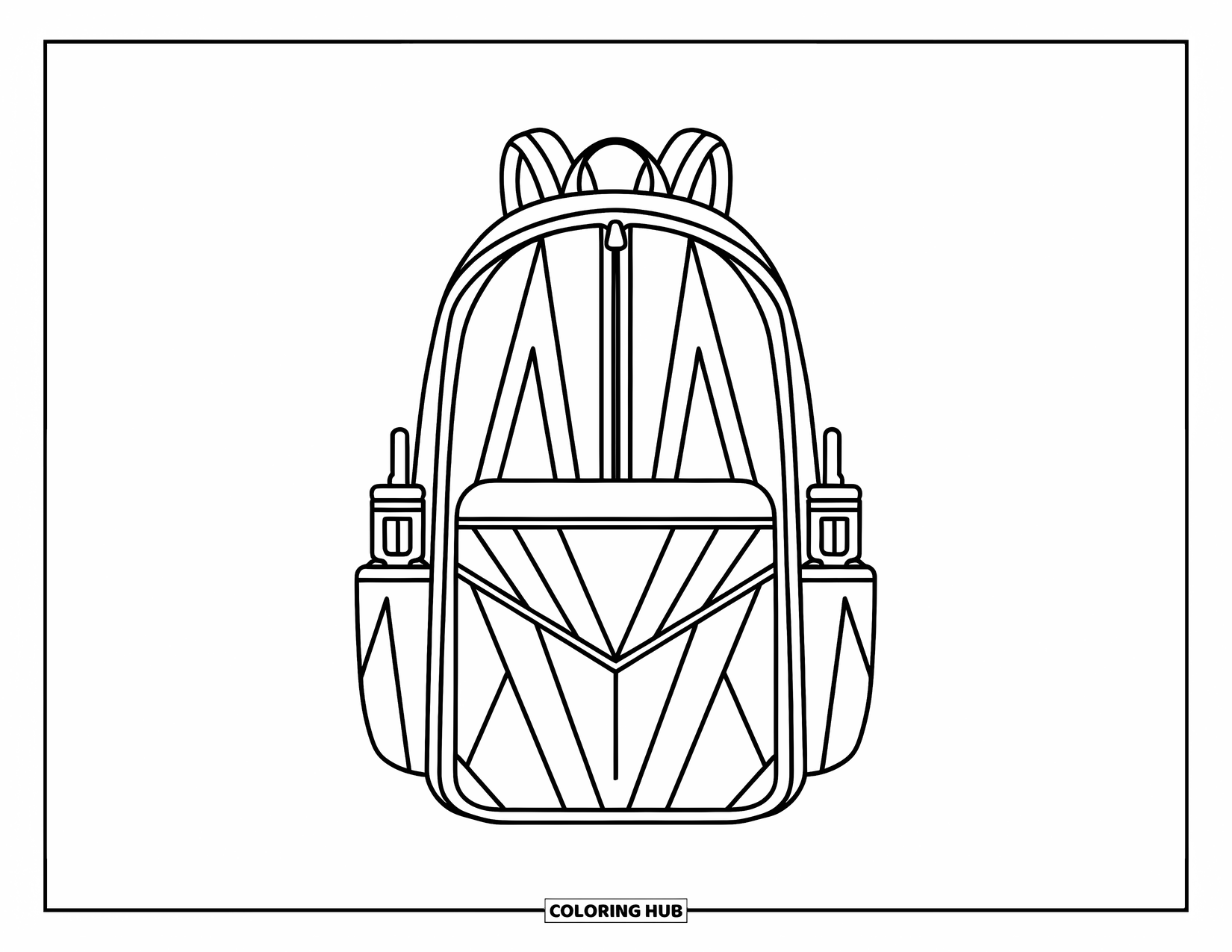 Backpack Coloring Page for Kids: Minimal backpack with zipper and bottle loops in a clean, modern style