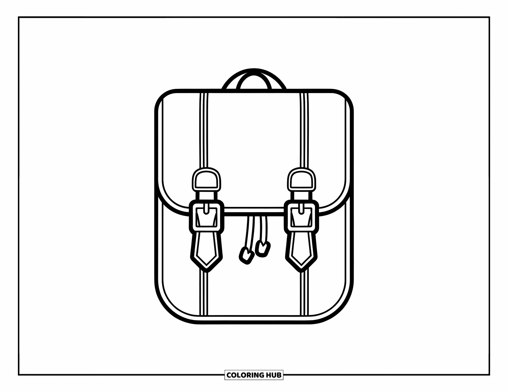Backpack Coloring Page for Kids: Rectangular backpack with flap buckles and bold seams for easy coloring