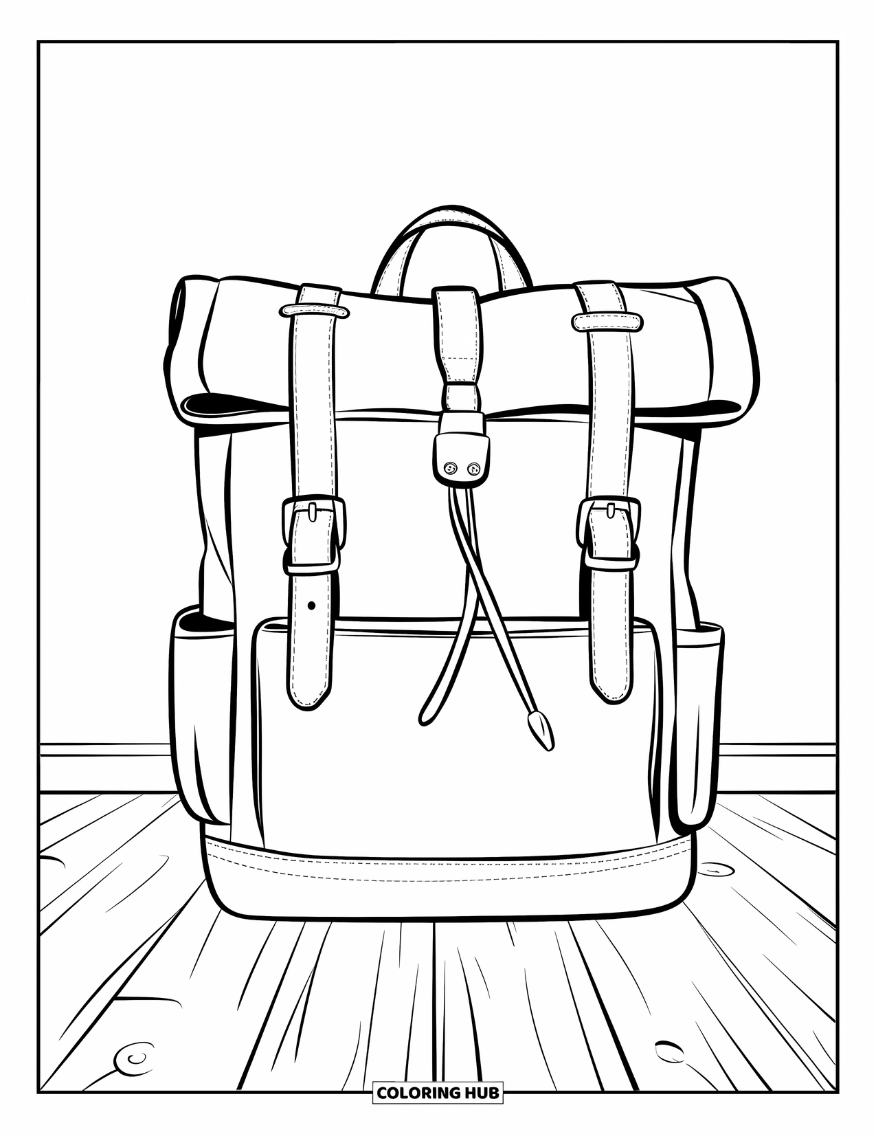 Backpack Coloring Page for Kids: Roll-top backpack sits on wood floor against a white wall