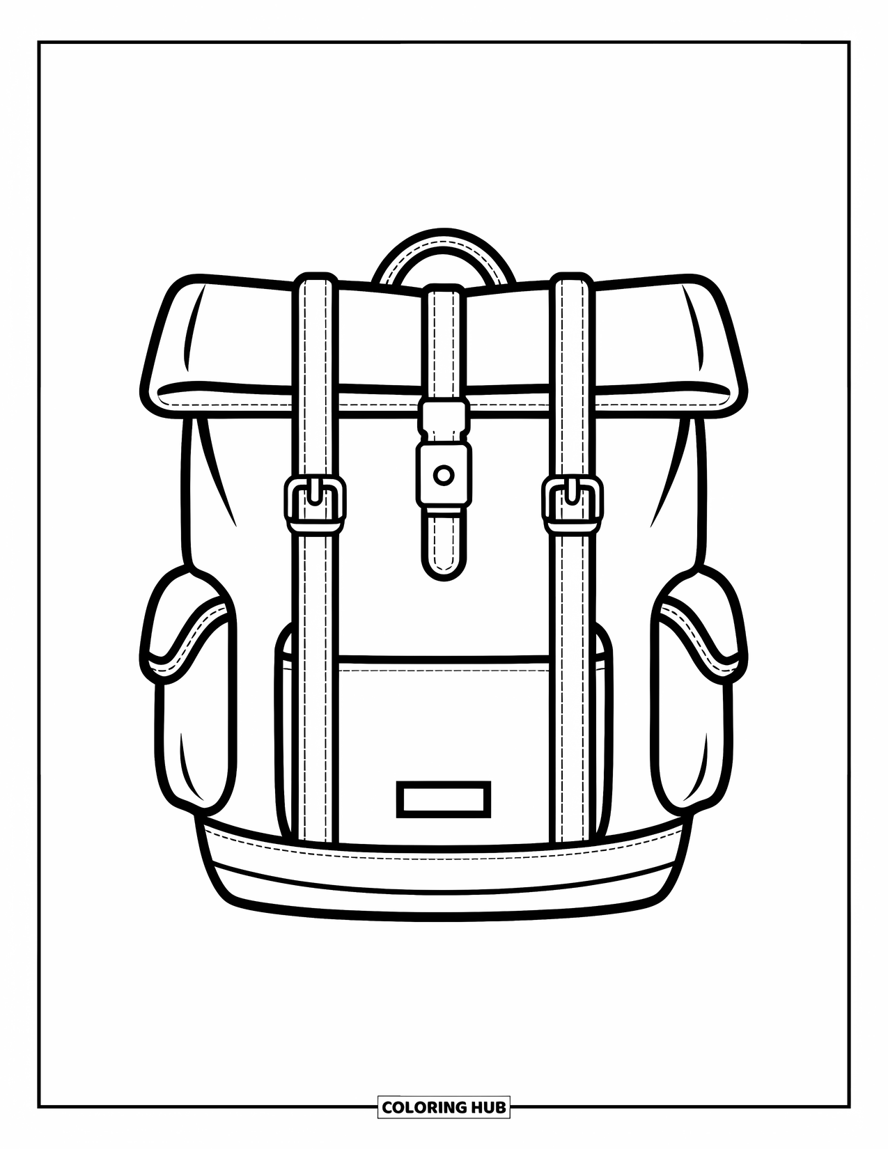 Backpack Coloring Page for Kids: Roll-top backpack with side buckles and a contrast bottom base
