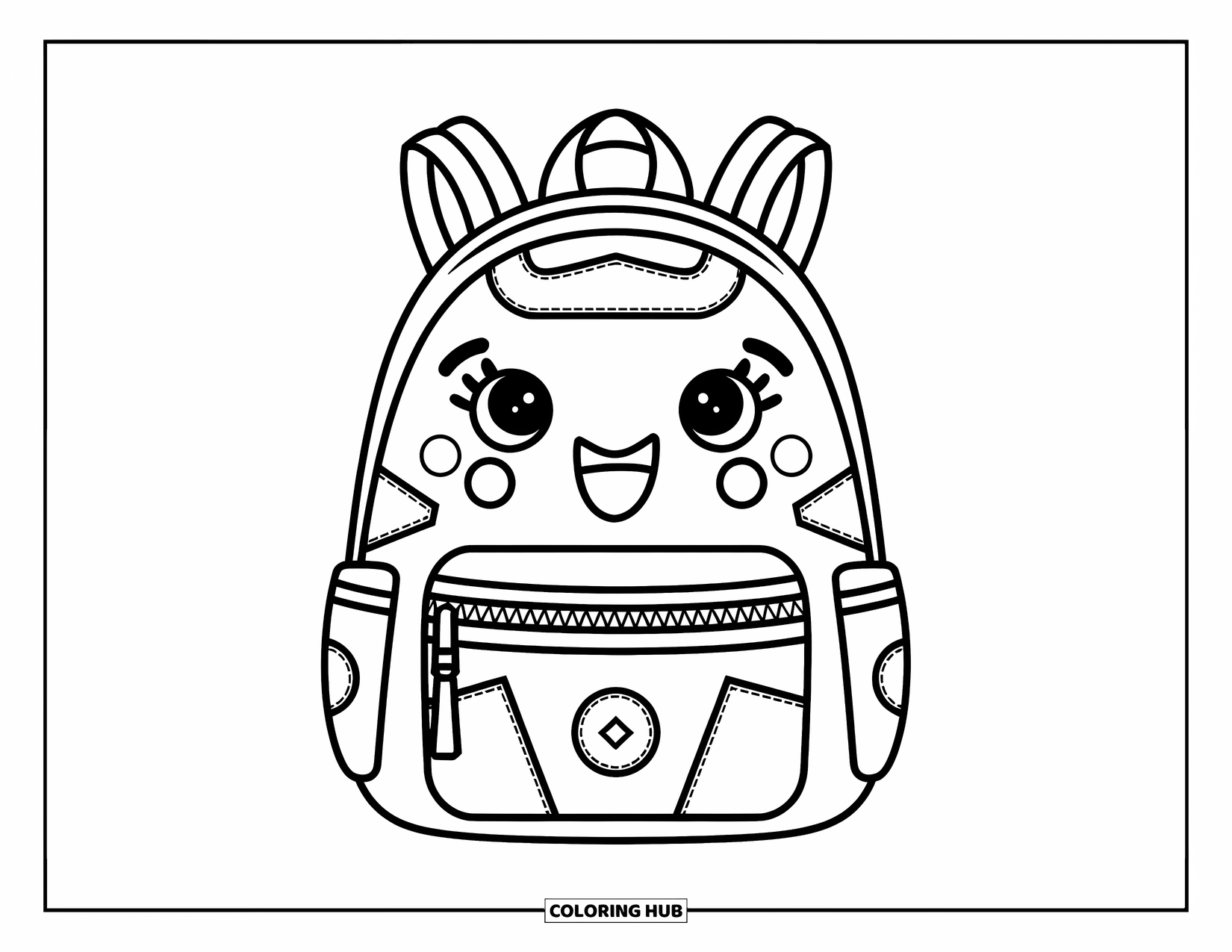 Backpack Coloring Page for Kids: Round backpack with face, loops, and stitched accents