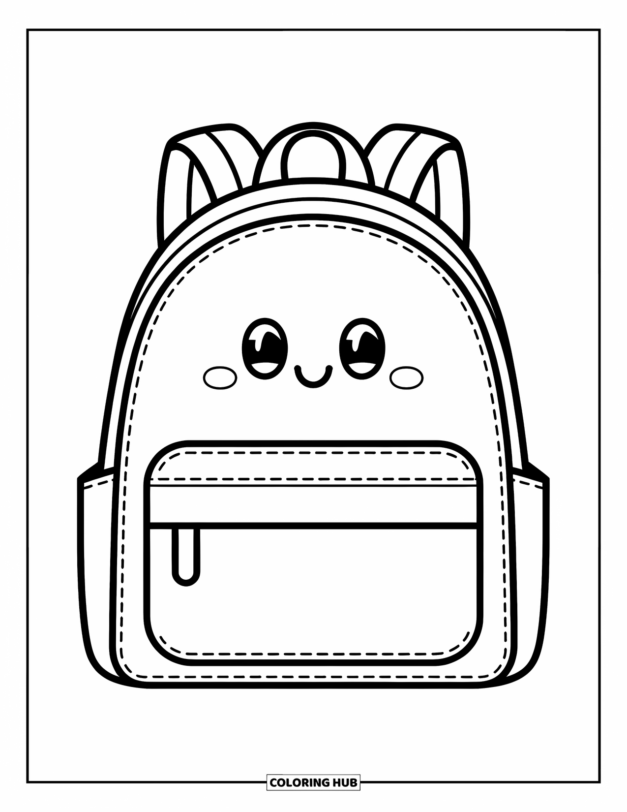 Backpack Coloring Page for Kids: Simple backpack with stitched edges and front pocket sits alone