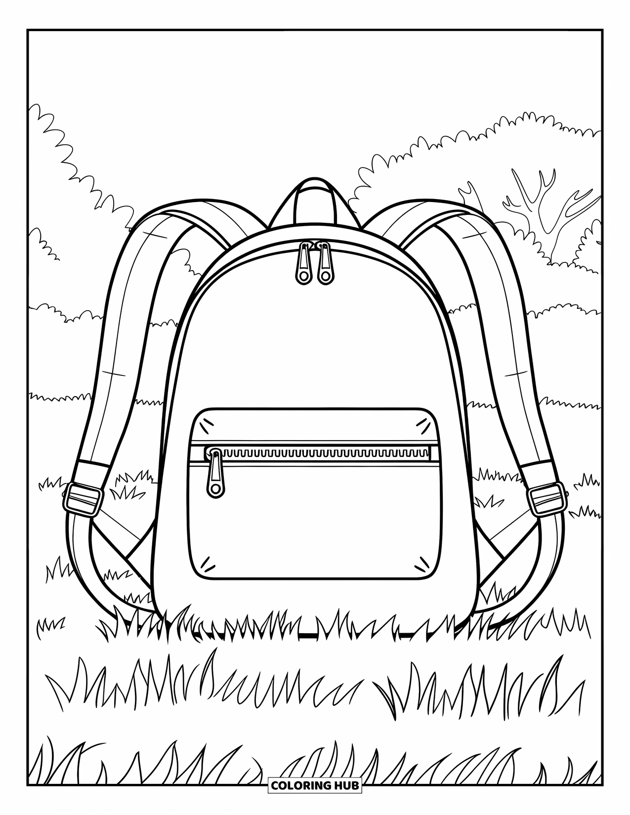 Backpack Coloring Page for Kids: Slim backpack with curved straps sits quietly in a grassy field