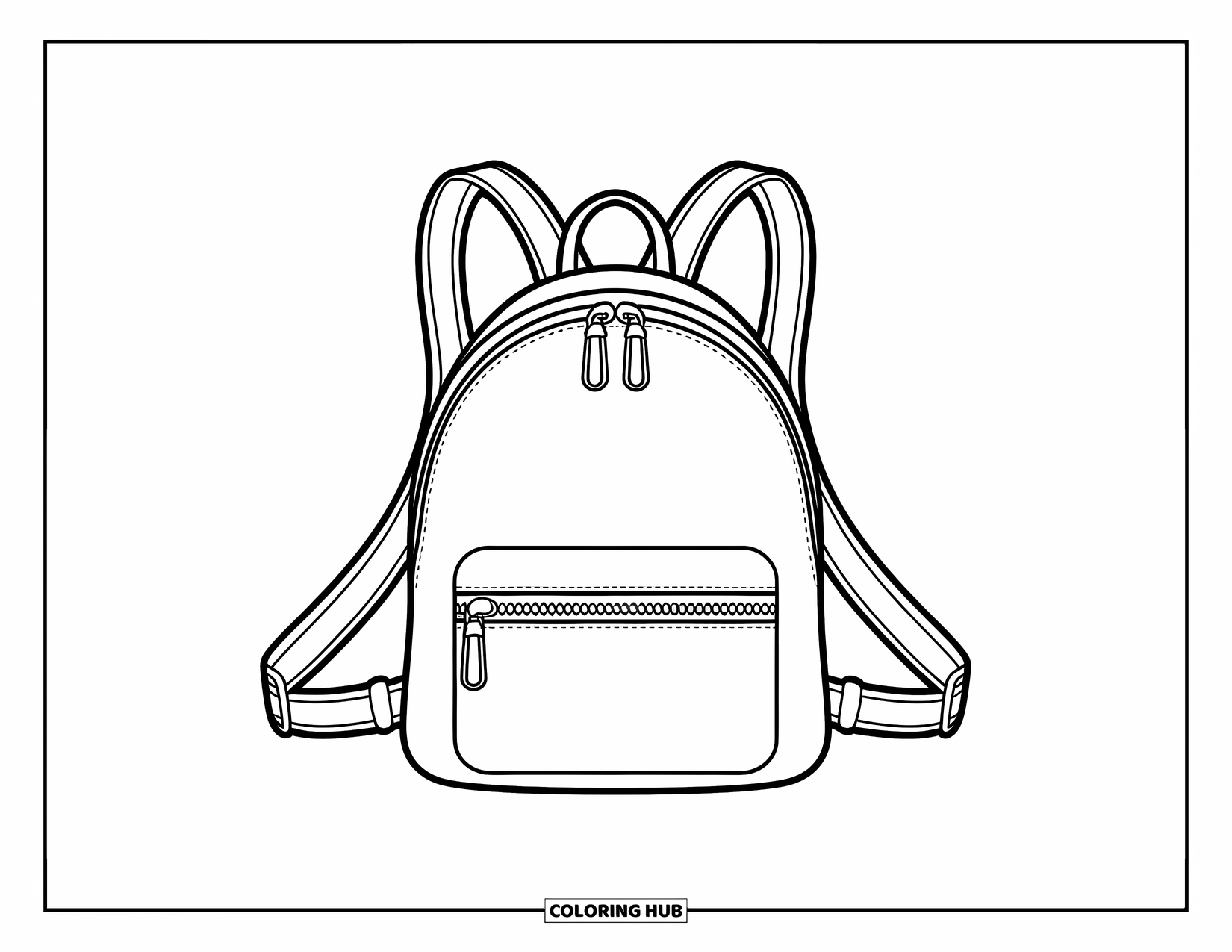 Backpack Coloring Page for Kids: Stylish backpack with clean lines, pockets, and straps on a white background