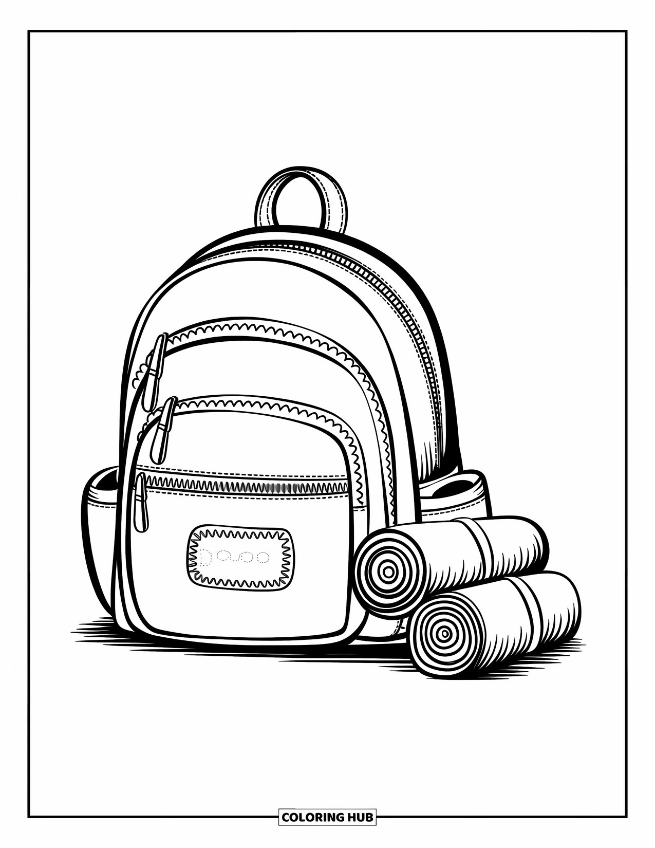 Backpack Coloring Page for Kids: Three-zip backpack rests near rolled-up gear on a white background
