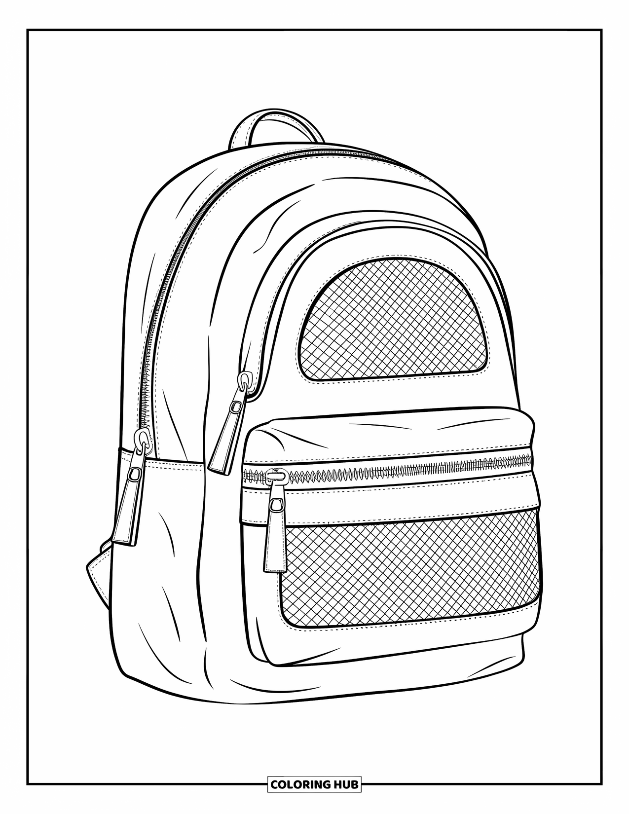 Backpack Coloring Page for Kids: Travel backpack with sleek shape and mesh panel zones