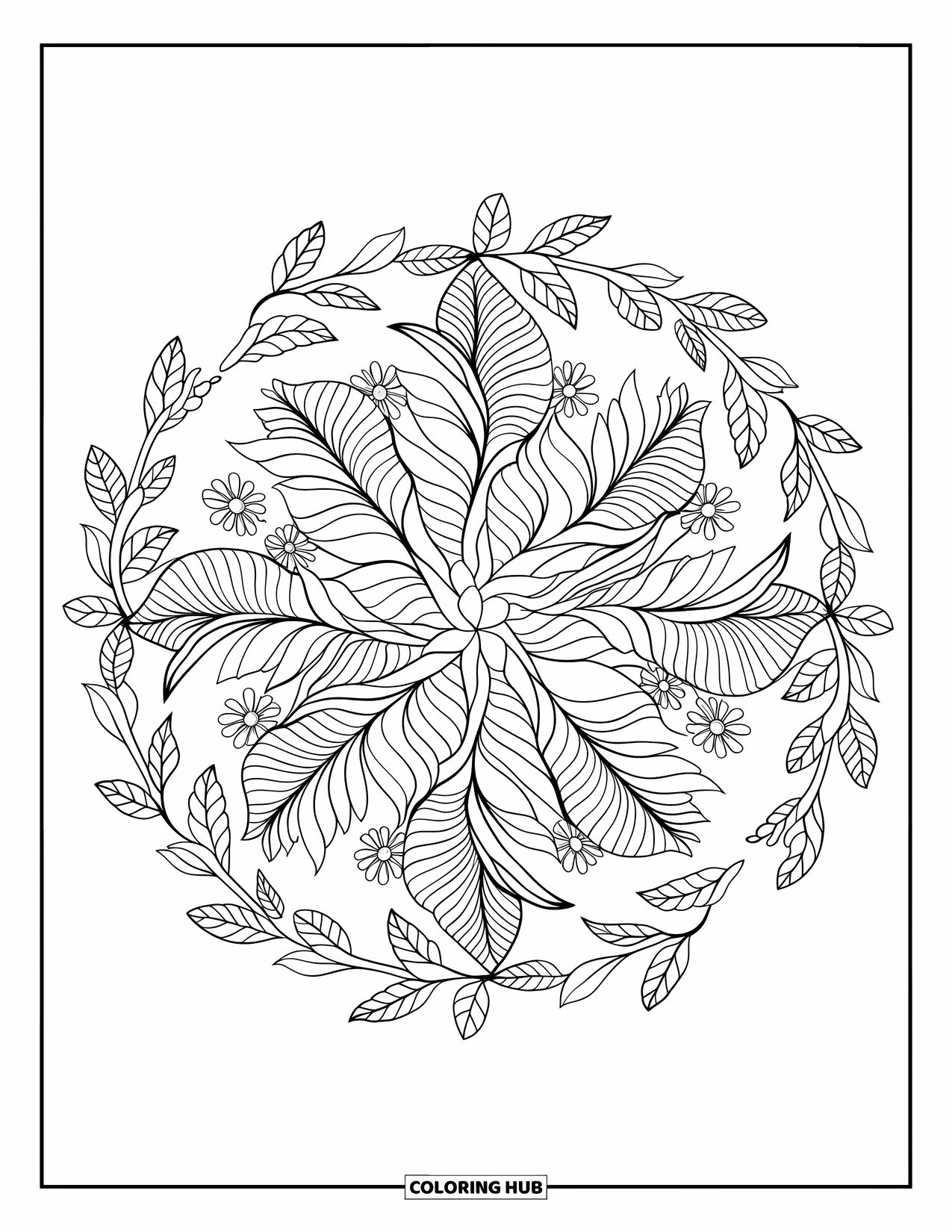 Ball Gown Dress Coloring Page for Adults: Botanical mandala pattern with twisting vines, leaves, and layered floral designs