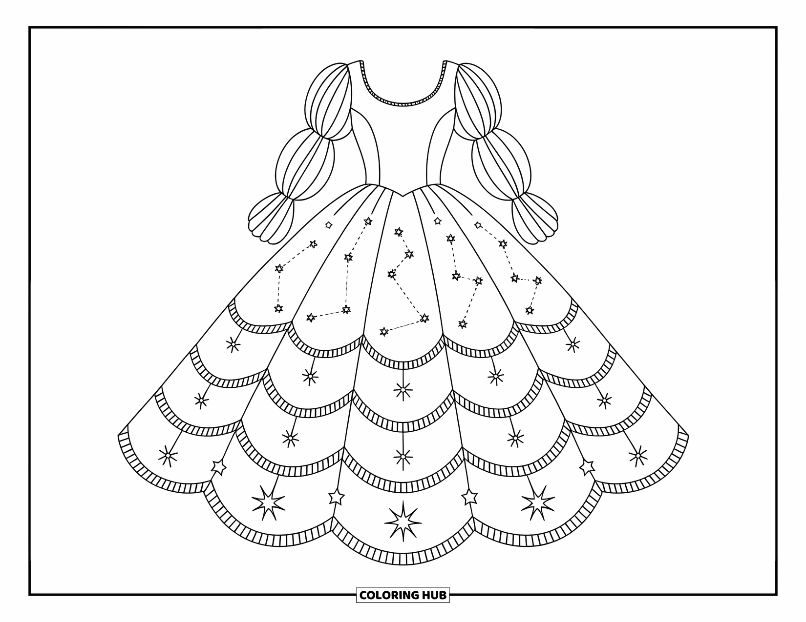 Ball Gown Dress Coloring Page for Adults: Constellation gown with puffed sleeves, layered skirt, and floating star trim