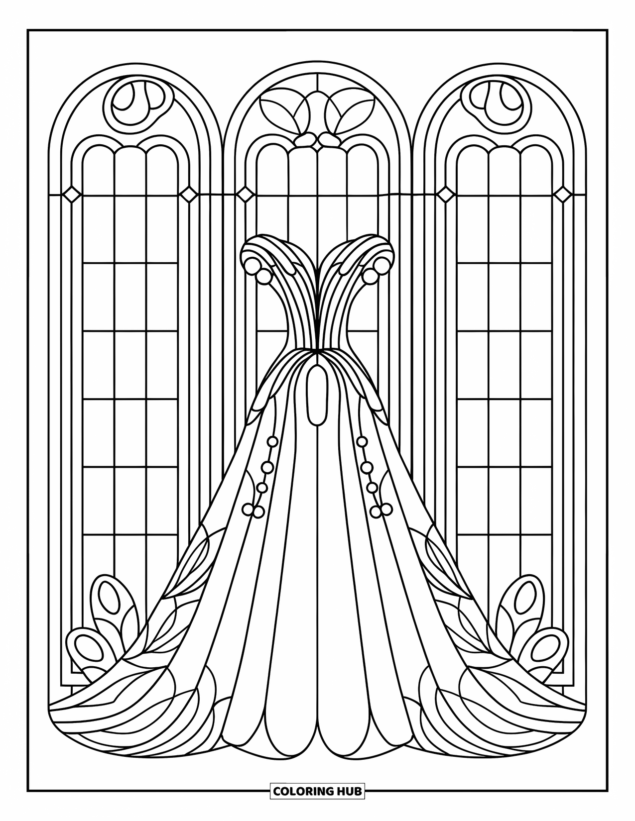 Ball Gown Dress Coloring Page for Adults: Couture dress framed by floral arches and decorative stained glass borders