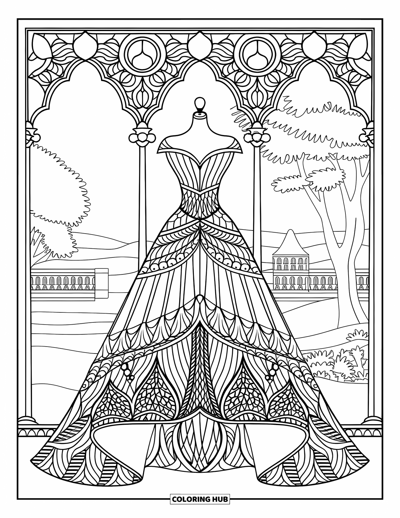 Ball Gown Dress Coloring Page for Adults: Couture gown framed by stained glass arches with a soft landscape behind