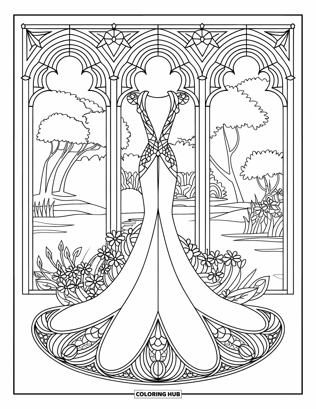 Ball Gown Dress Coloring Page for Adults: Gown with floral details and stained glass arches overlooking a peaceful landscape
