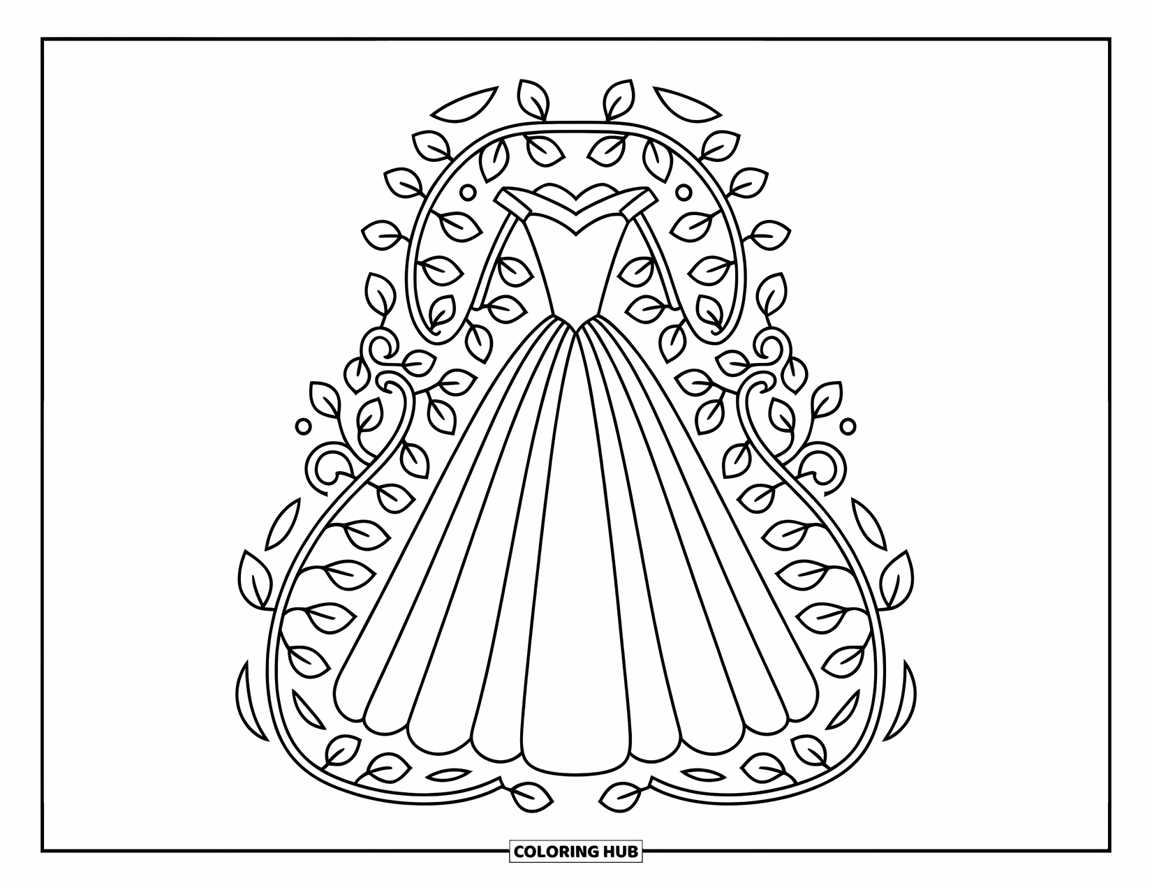 Ball Gown Dress Coloring Page for Adults: Gown with full skirt framed by twining symmetrical vines and leaves