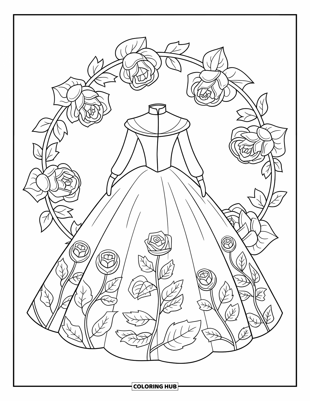 Ball Gown Dress Coloring Page for Adults: Gown with long sleeves and mandala rose accents surrounded by ivy leaves