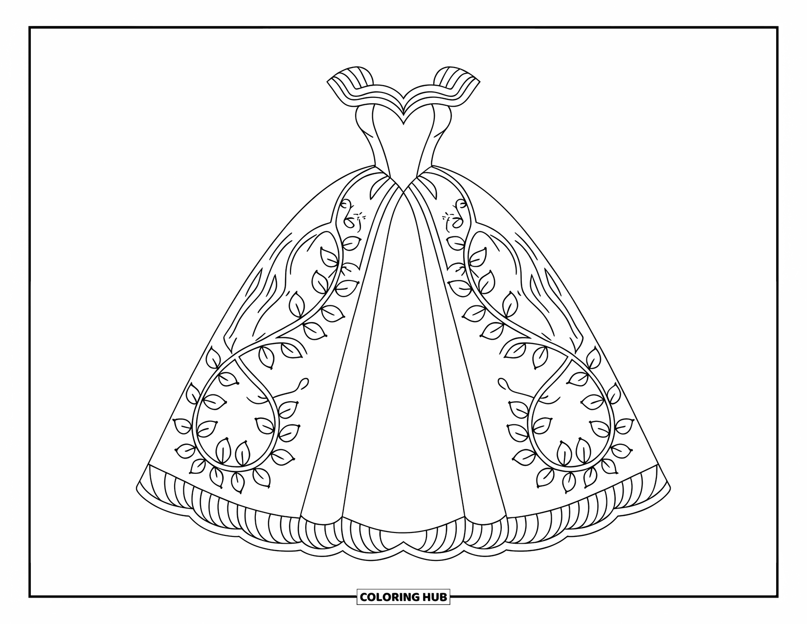 Ball Gown Dress Coloring Page for Adults: Princess gown wrapped in swirling botanical vines and leafy details