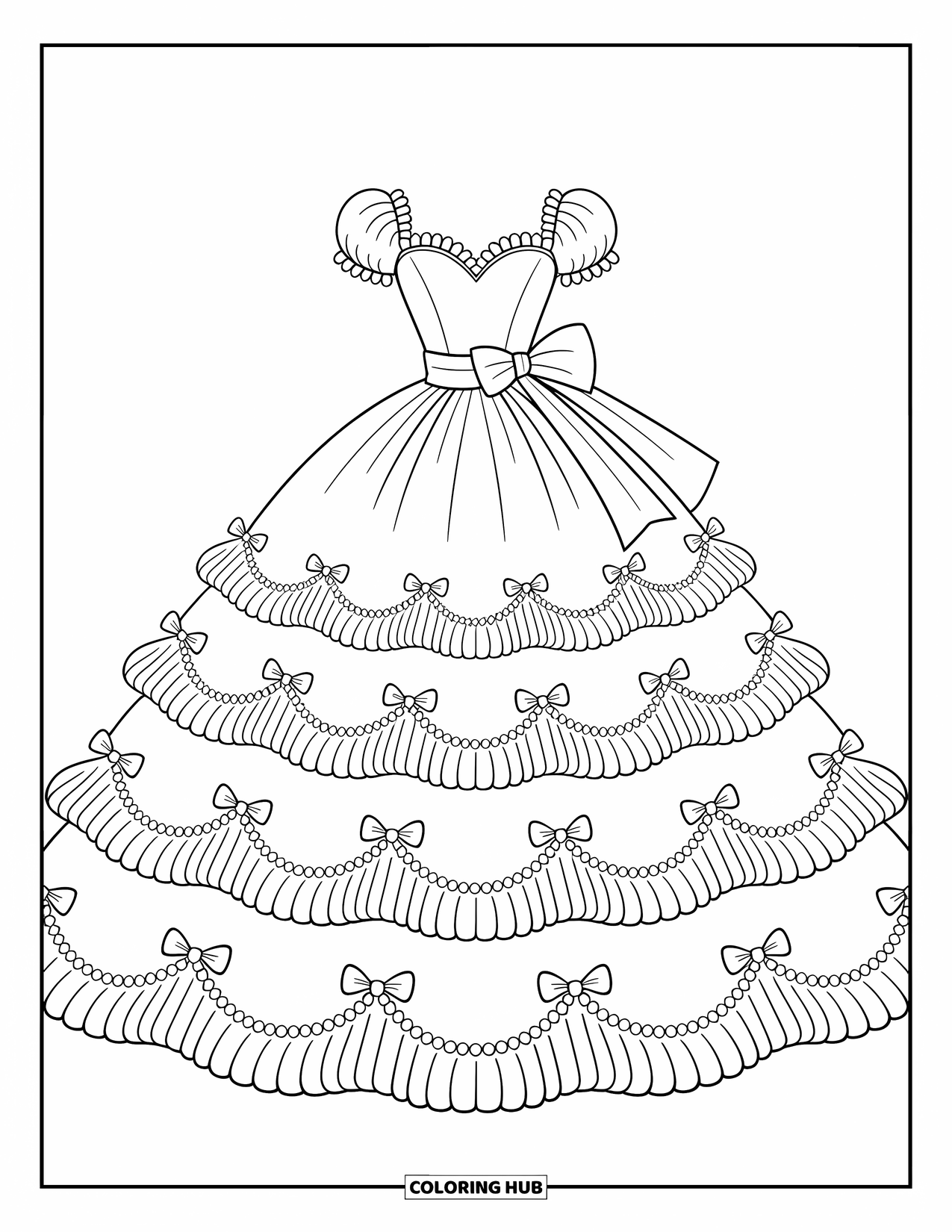 Ball Gown Dress Coloring Page for Adults: Romantic ruffle-tier gown with rosettes, lace sleeves, and pearl chains