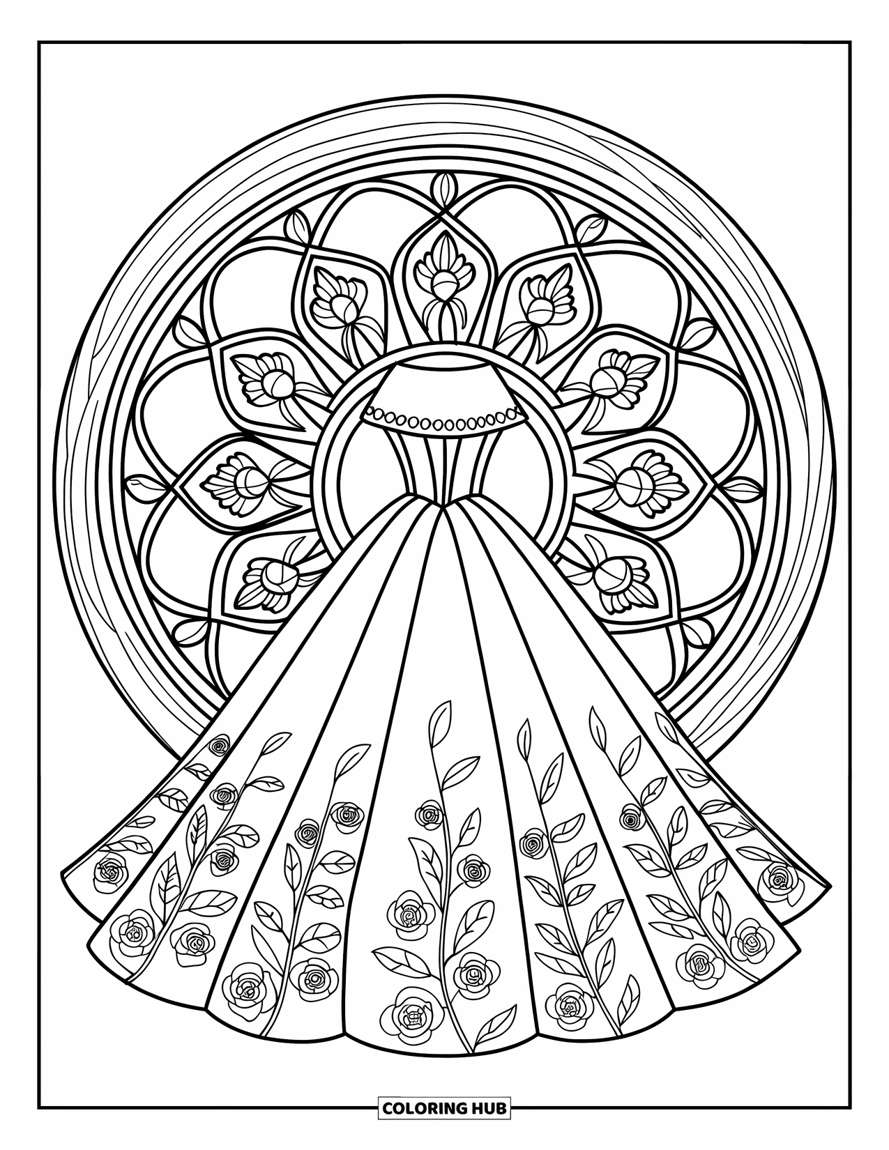 Ball Gown Dress Coloring Page for Adults: Sweetheart ballroom gown with ivy and rose mandala motif on the back