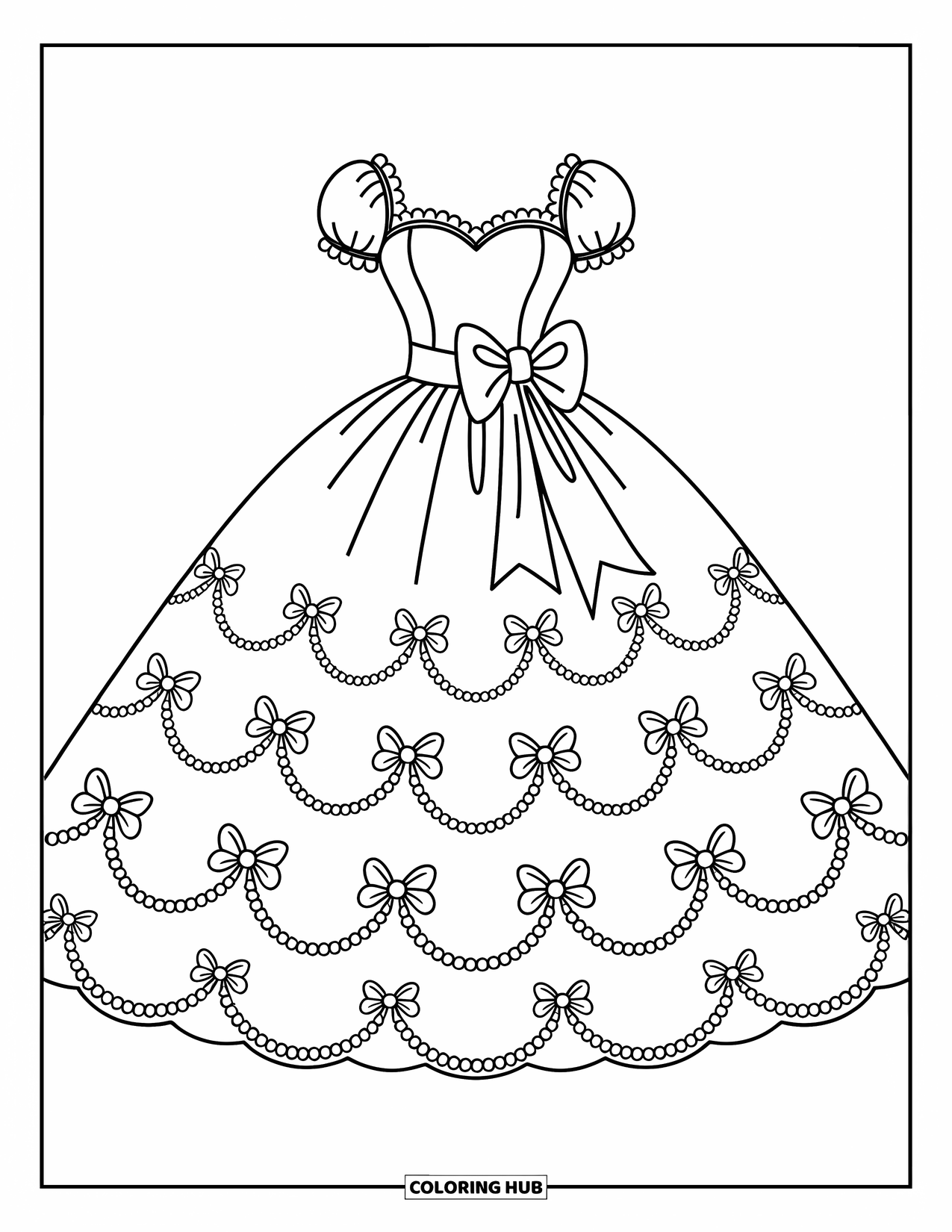 Ball Gown Dress Coloring Page for Adults: Sweetheart gown with puff sleeves, rosette tiers, and a pearl-trimmed skirt