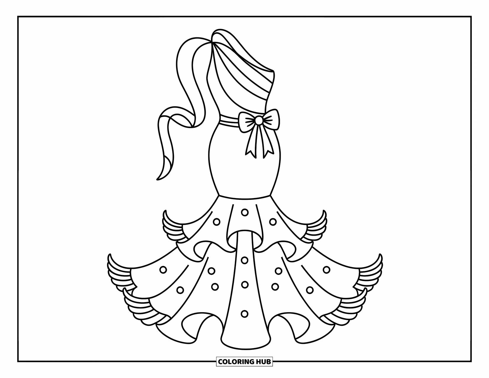 Ball Gown Dress Coloring Page for Adults: Tiered swan gown with asymmetric neckline and delicate winged flounces