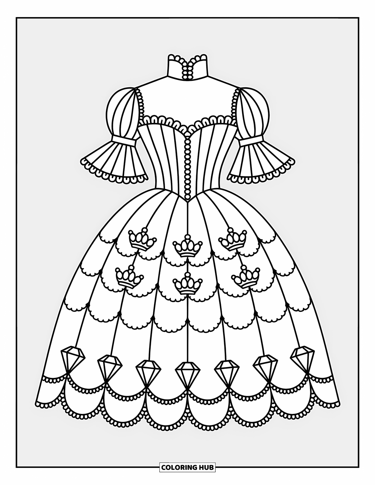 Ball Gown Dress Coloring Page for Adults: Victorian corset dress with crown appliqués and gem-trimmed skirt