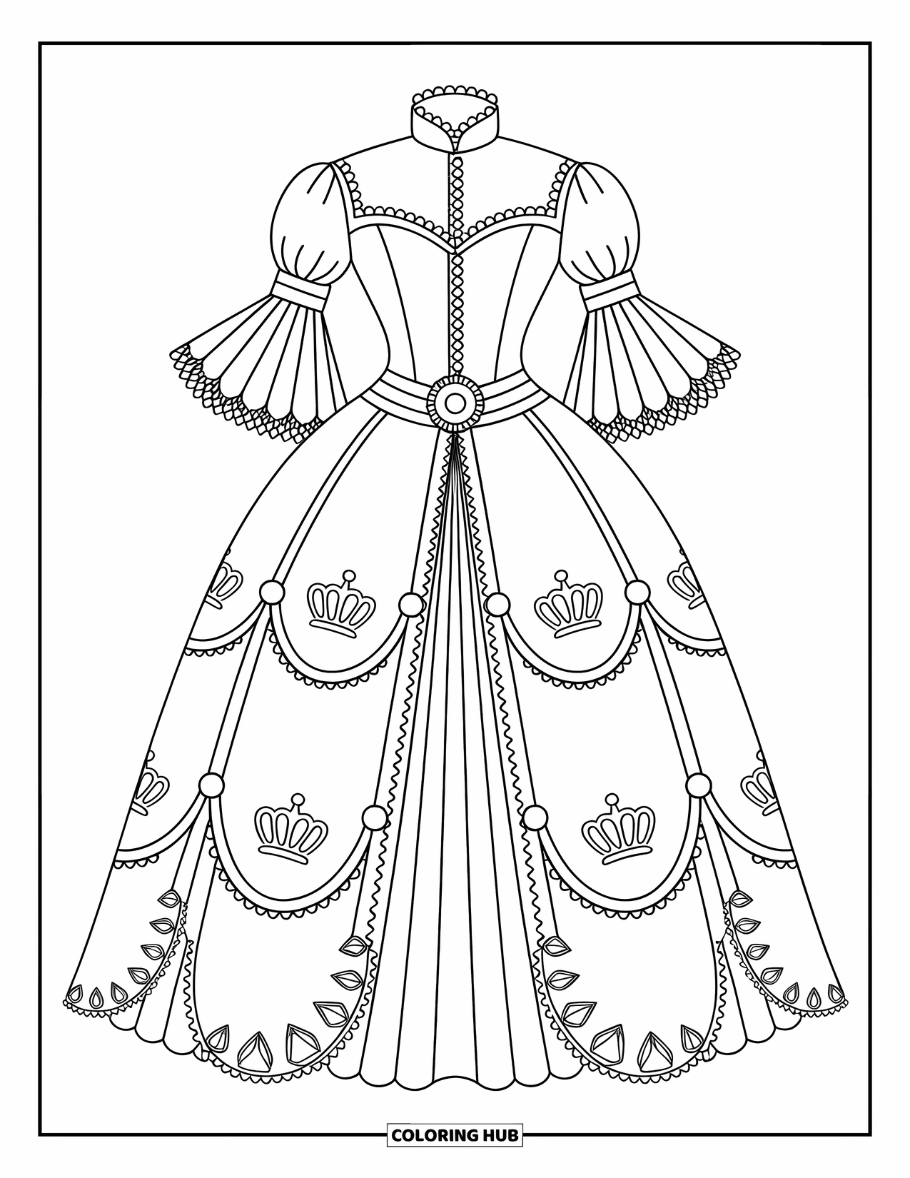 Ball Gown Dress Coloring Page for Adults: Victorian dress with lace collar, pearl buttons, and dome skirt with crown emblems