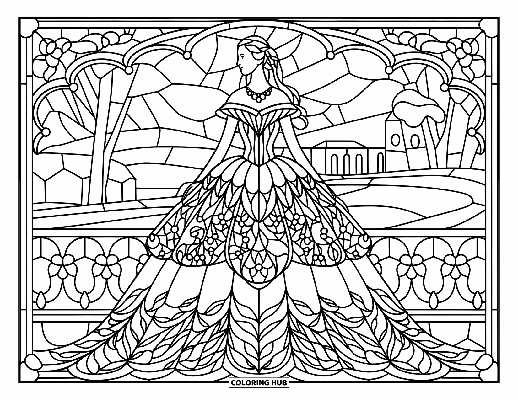 Ball Gown Dress Coloring Page for Adults: Woman in a floral gown stands in a stained glass frame with landscape background