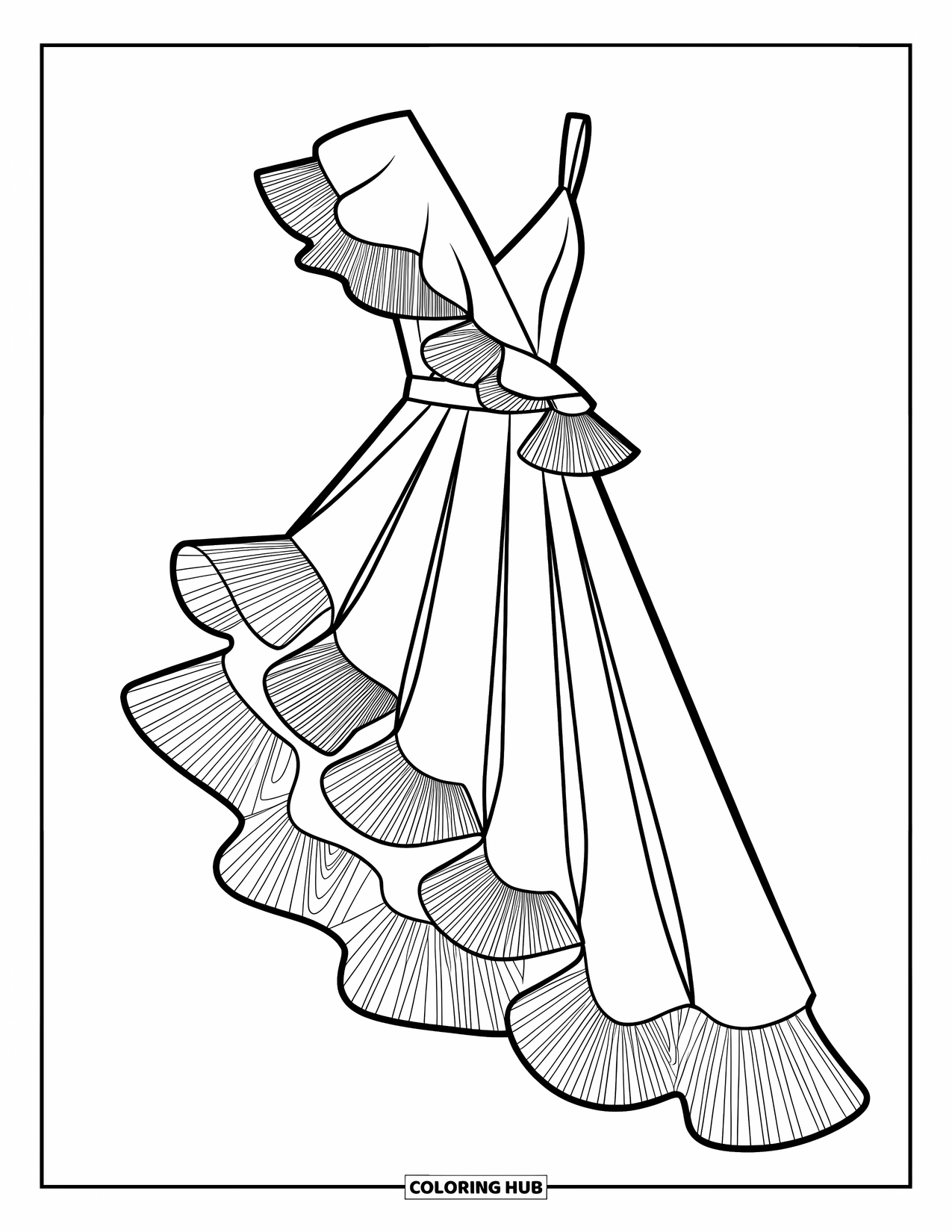 Ball Gown Dress Coloring Page for Kids: Asymmetrical dress with ruffles and slanted hemline