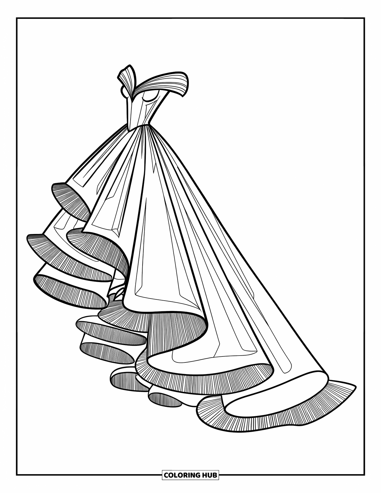 Ball Gown Dress Coloring Page for Kids: Ball gown with dramatic angled hem and layered ruffles