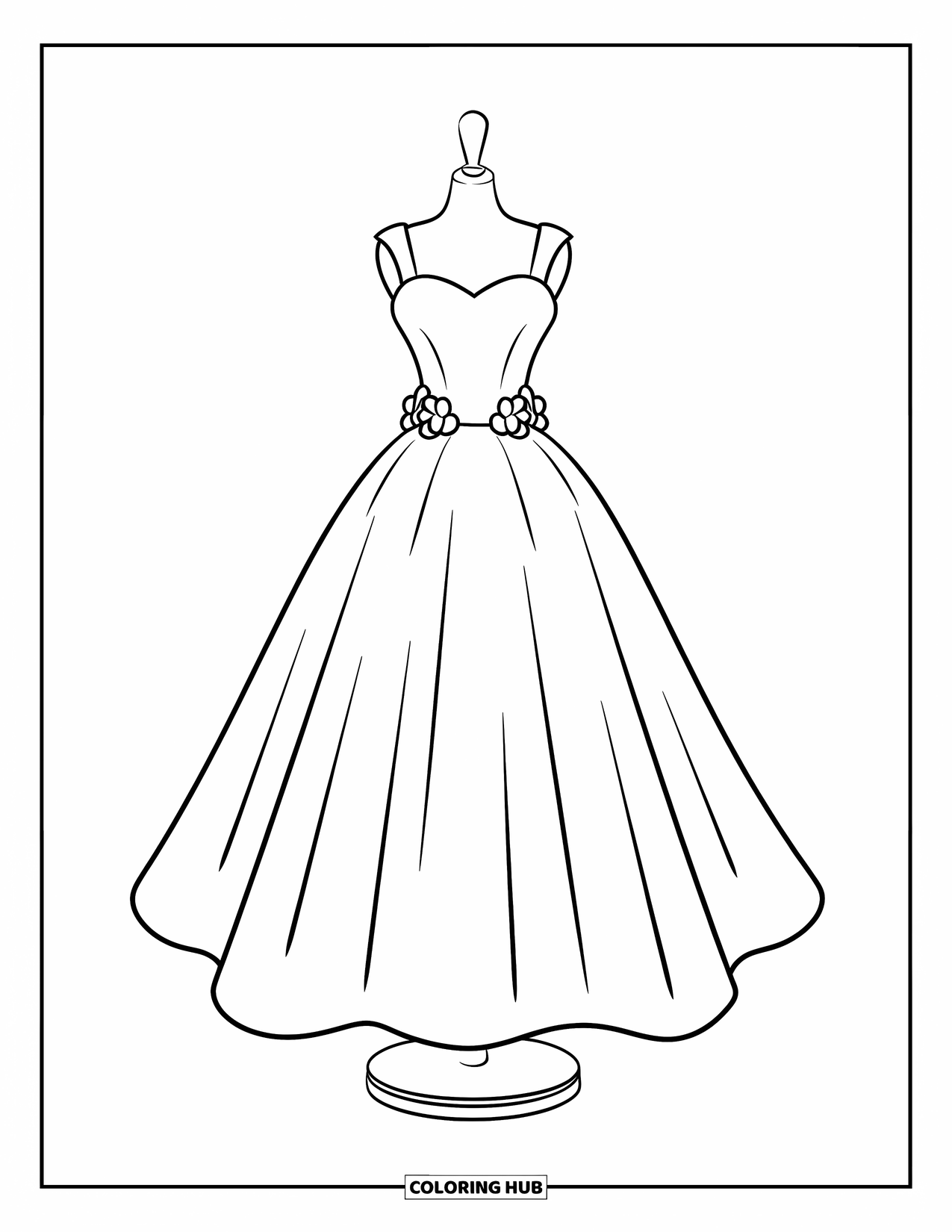 Ball Gown Dress Coloring Page for Kids: Ball gown with sweetheart bodice and flowers displayed on a round base