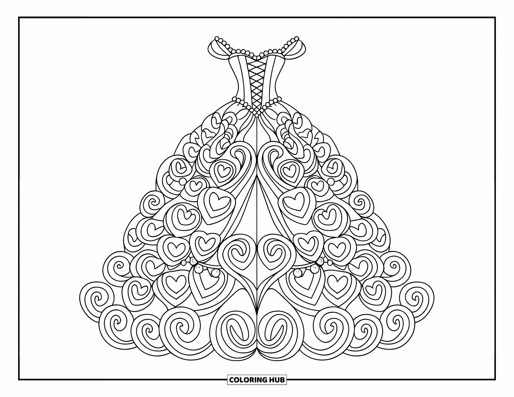Ball Gown Dress Coloring Page for Kids: Ball gown with swirls, hearts, lace-up back, and pearl accents