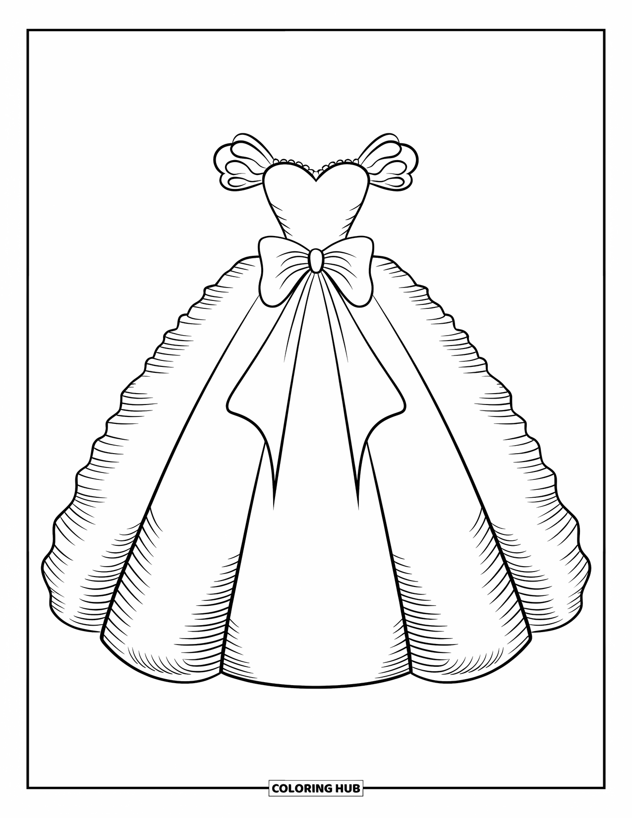 Ball Gown Dress Coloring Page for Kids: Big fluffy dress with heart-shaped bodice and bow at the waist