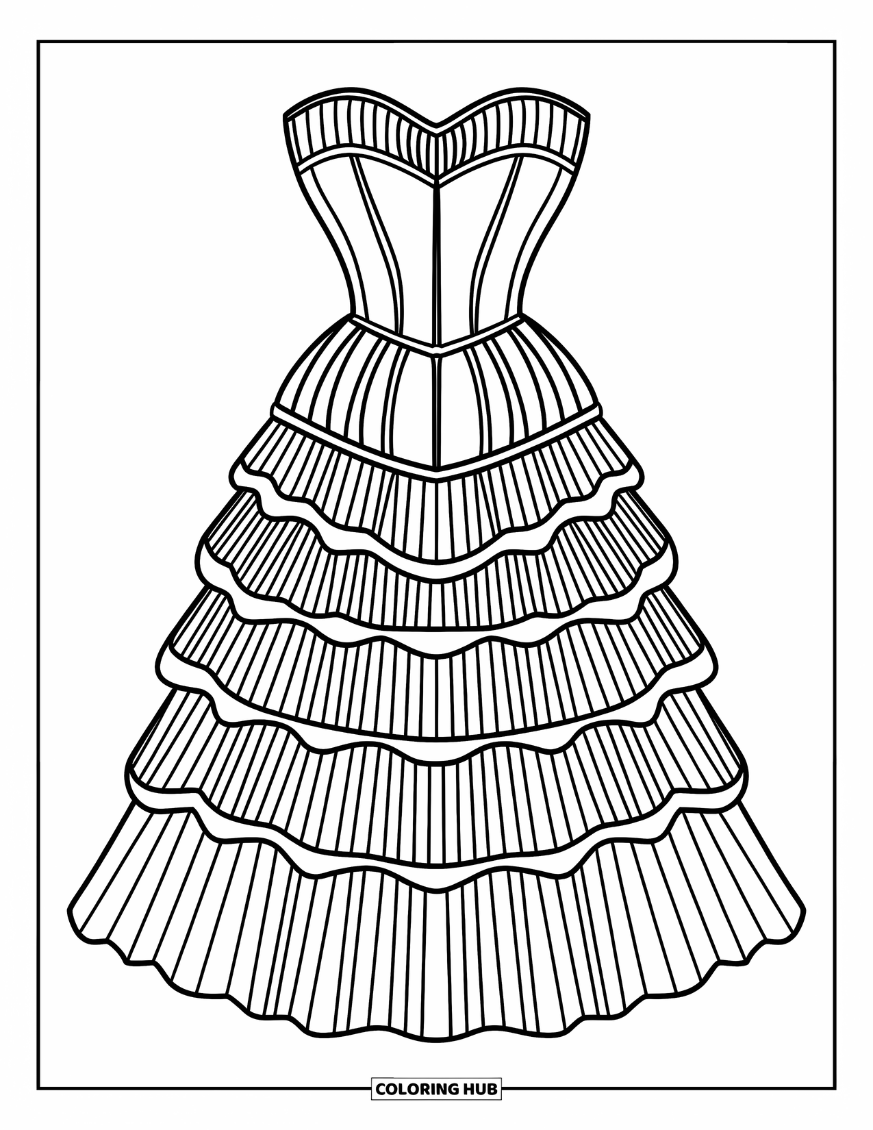 Ball Gown Dress Coloring Page for Kids: Corset dress with flowing pleats and sweetheart neckline