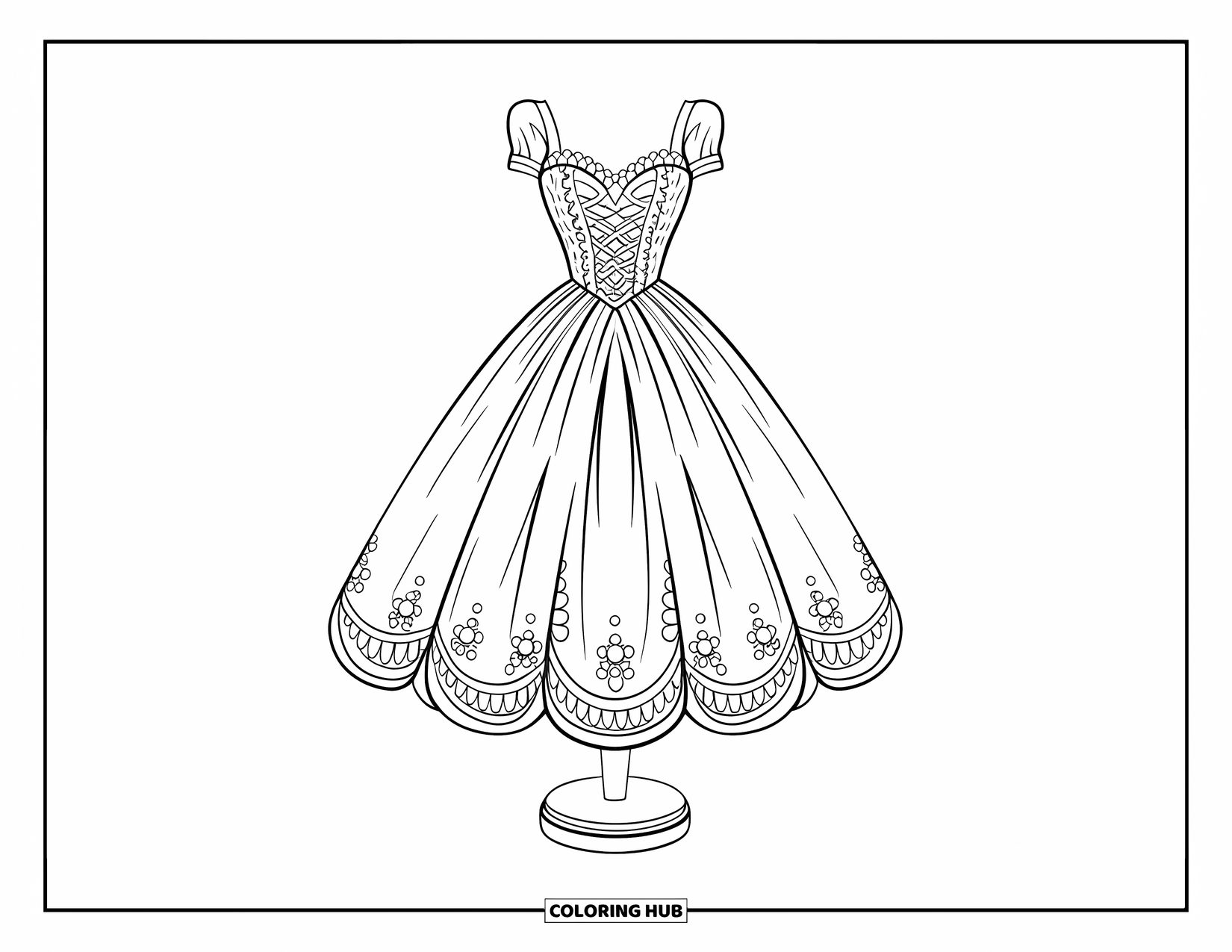 Ball Gown Dress Coloring Page for Kids: Dress form shows a laced ball gown with pearls and full skirt